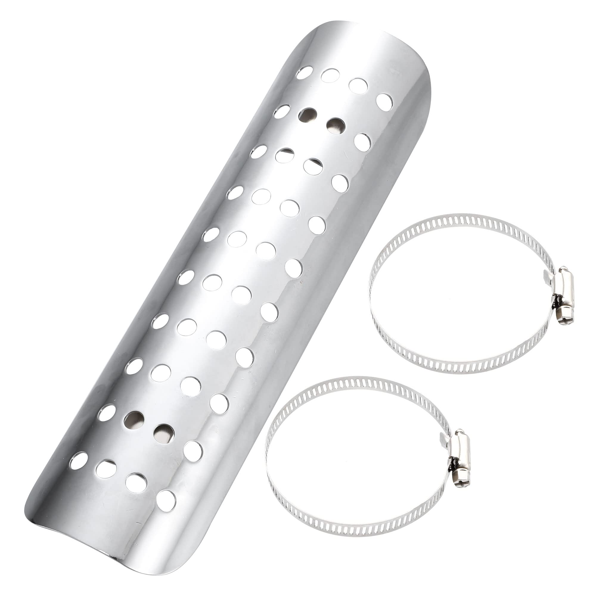 Universal Motorcycle Exhaust Heat Shield - Chrome Plated Iron Muffler Guard for Harley Davidson (20-70mm Clamps) - Silver Tone - Heat Insulation Protection for Cruiser & Touring Bikes