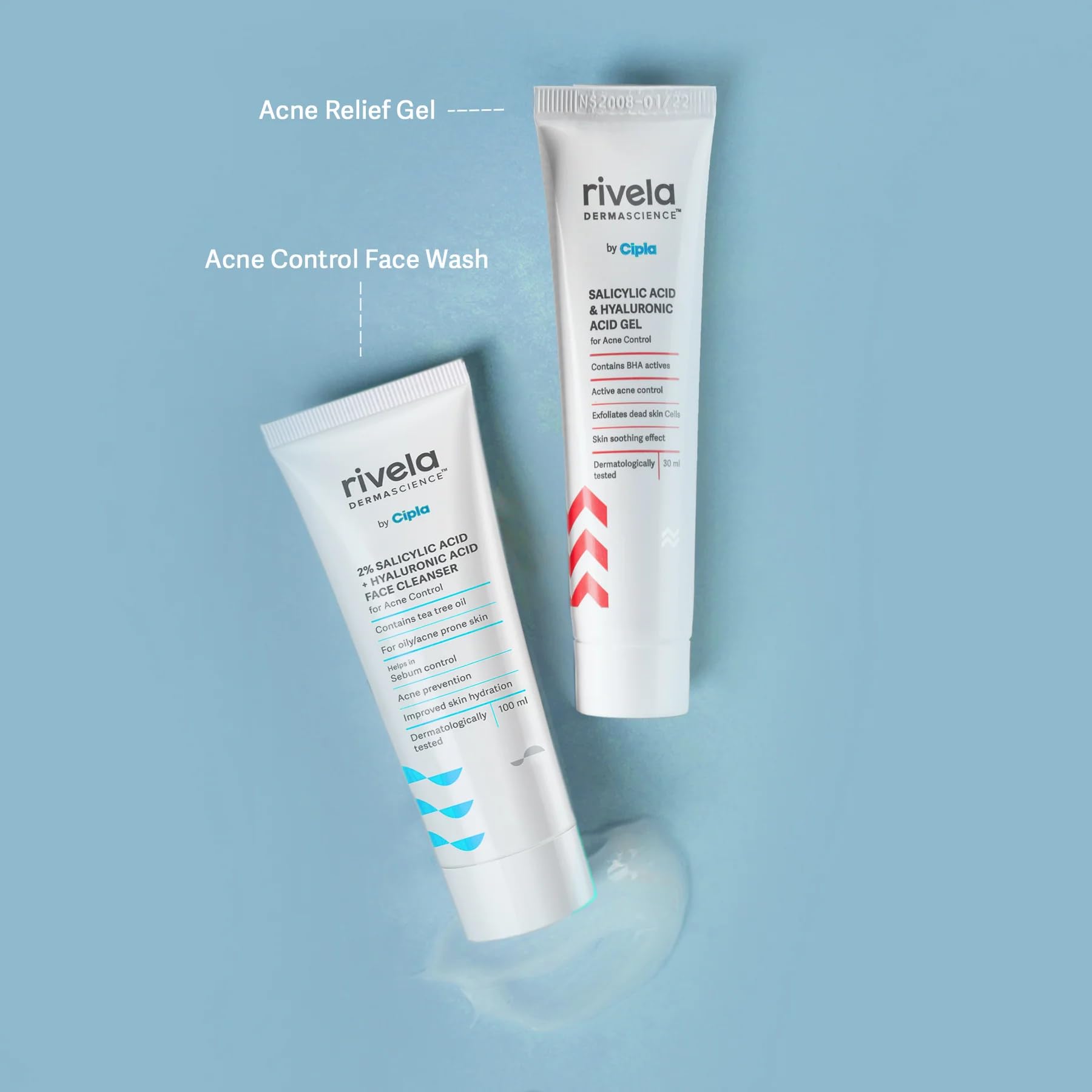 Rivela Dermascience Acne Care Duo Set - 2% Salicylic Acid & Hyaluronic Acid Face Cleanser (100ml) + Acne Treatment Gel (30ml) | Gentle Exfoliating & Hydrating Skincare for Oily & Acne-Prone Skin | Perfect for Daily Face Wash & Spot Treatment Routine