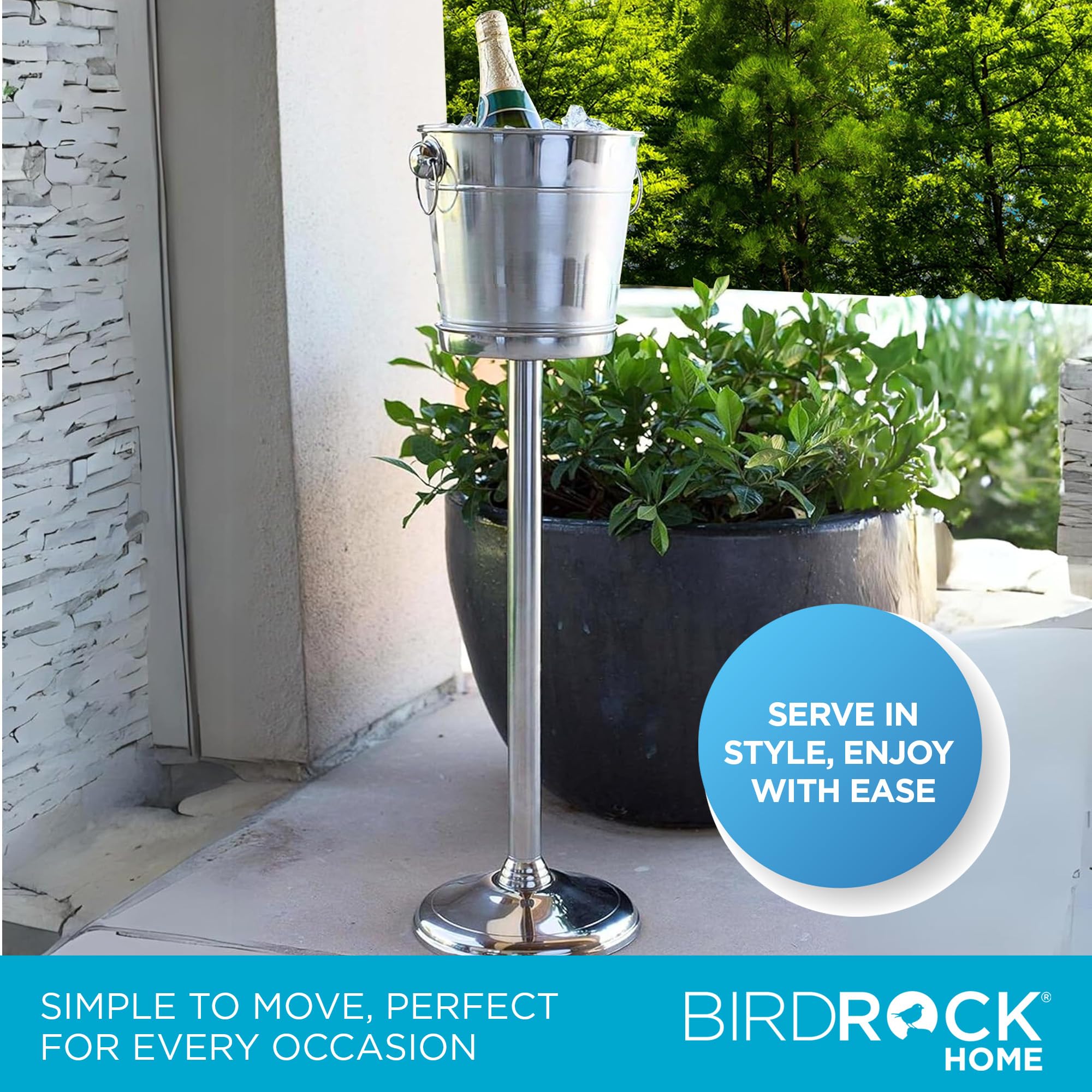BIRDROCK HOME 18/8 Stainless Steel Champagne Bucket with Stand | Premium Wine Chiller for Parties & Events | 32 Inch Freestanding Ice Bucket | Indoor & Outdoor Use | Perfect for Weddings, BBQs & Home Entertaining