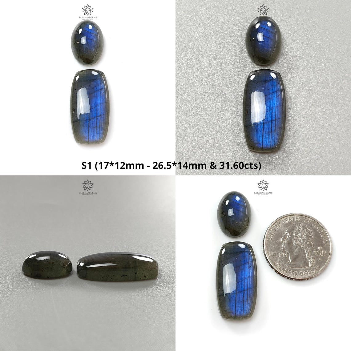 Natural Blue Labradorite Gemstone Cabochon Set - Untreated Oval, Baguette & Cushion Shapes (2pcs) for Jewelry Making, Wire Wrapping & Healing Crystal Collection