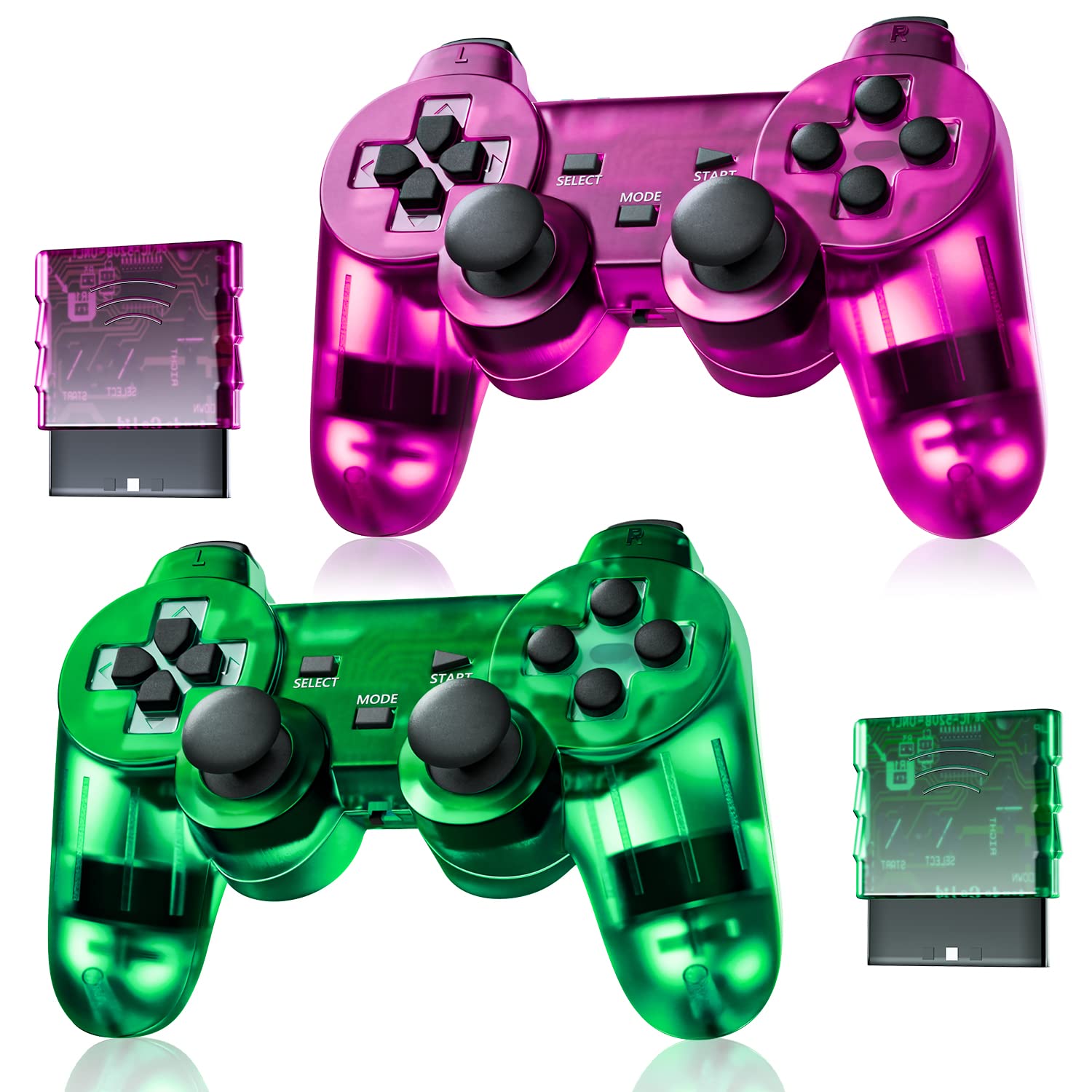 Wireless Controller for PS2 Play Station 2 - Dual Vibration Gamepad with Clear Green & Purple Colors | Compatible with PS2 Consoles | Perfect for Gaming, Retro Play & Multiplayer Sessions