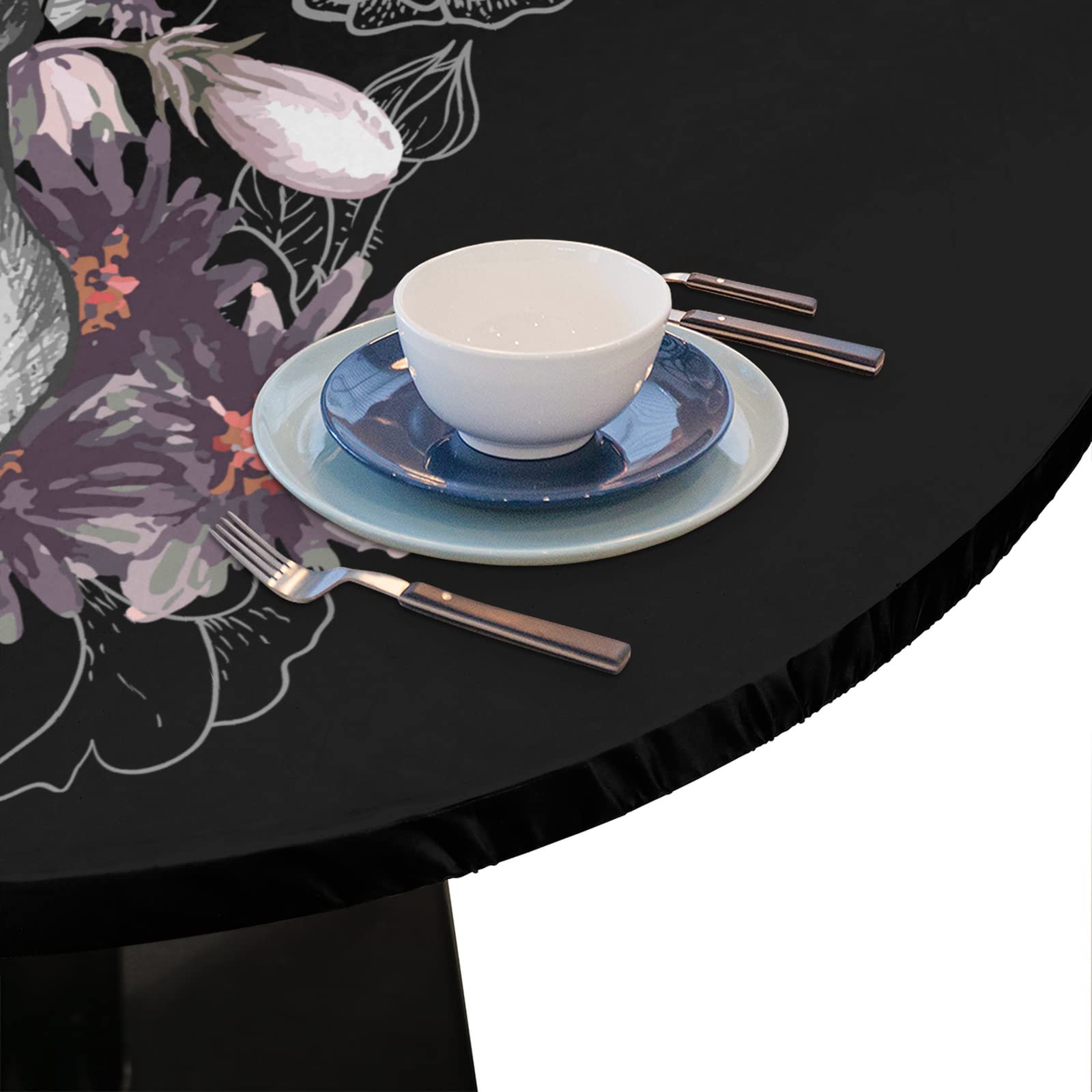Day of the Dead Floral Round Tablecloth - Elastic Edge Fitted Table Cover, Waterproof & Wipeable, 45