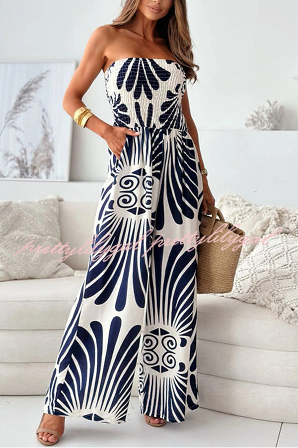 Stylish Printed Off-Shoulder Pleated Wide Leg Jumpsuit for Women - Perfect for Casual Outings, Beach Vacations & Summer Parties