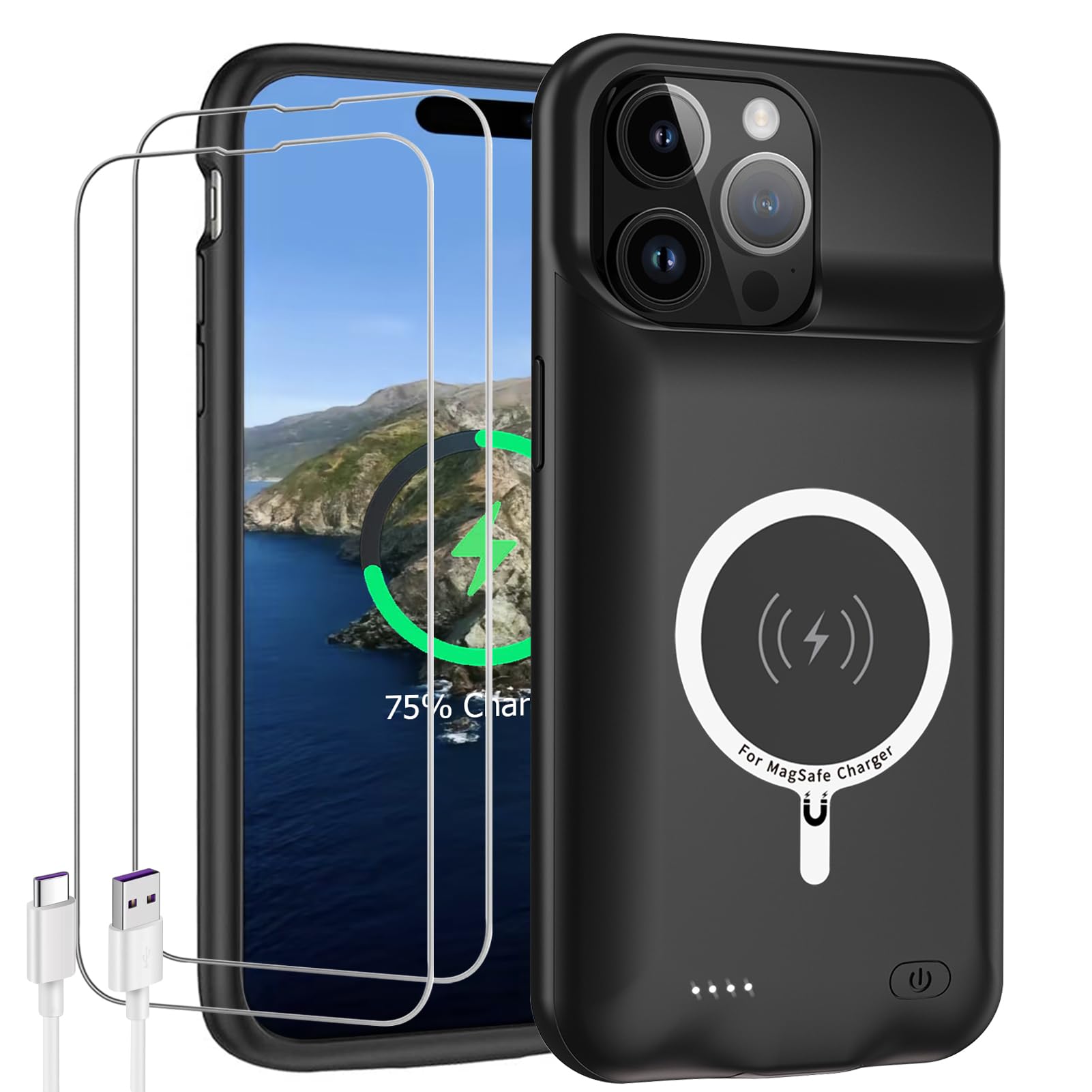 12000mAh Battery Case for iPhone 15 Pro Max (6.7 inch) - Black | Extended Charging Protection Case with Wireless Charging Compatible | Perfect for Travel, Outdoor & Daily Power Backup