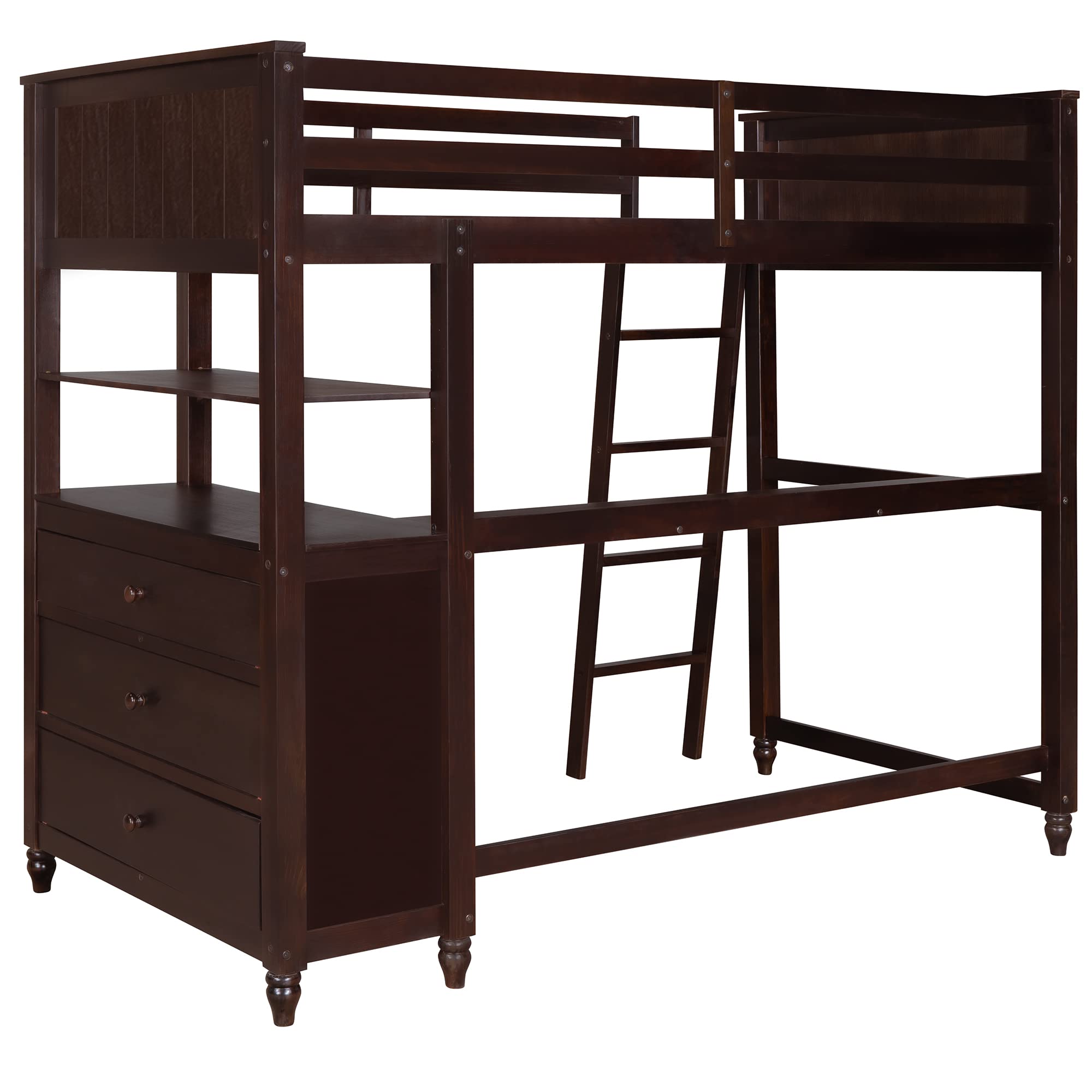 Twin Size Loft Bed with Desk, Drawers & Storage Shelves - Wooden High Loft Bed for Kids, Teens & Adults - Space Saving Study Bed with Headboard & Footboard - Perfect for Small Bedrooms, Dorms & Apartments (Twin, Espresso)