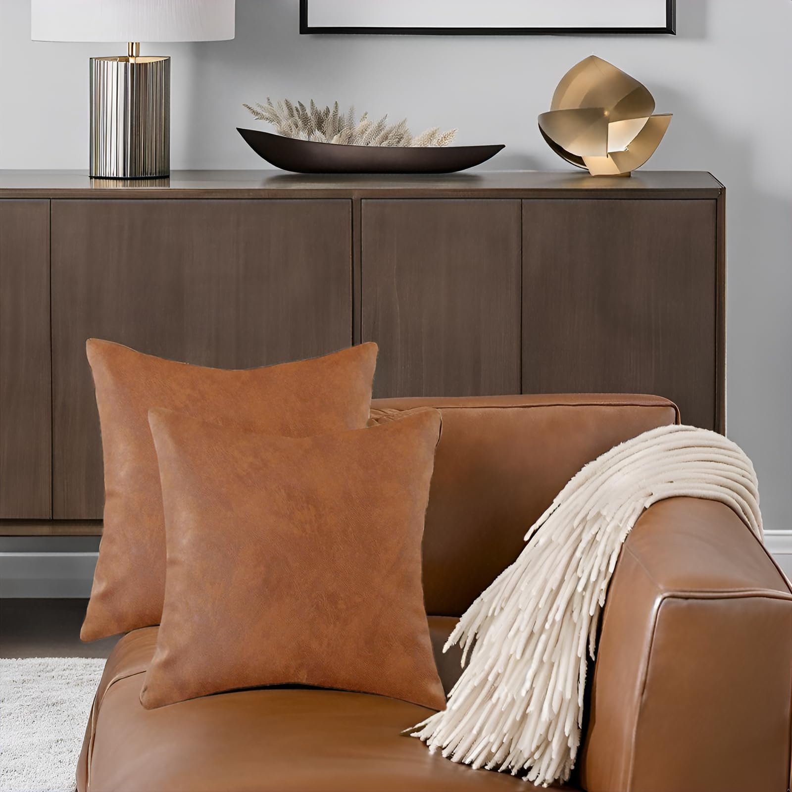 2 Pack Thick Faux Leather Throw Pillow Covers 20x20 Inches - Modern Solid Decorative Farmhouse Pillow Cases for Couch, Sofa, Bedroom & Living Room - Cognac Brown - Perfect for Home Decor, Accent Pillows & Cozy Interior Styling