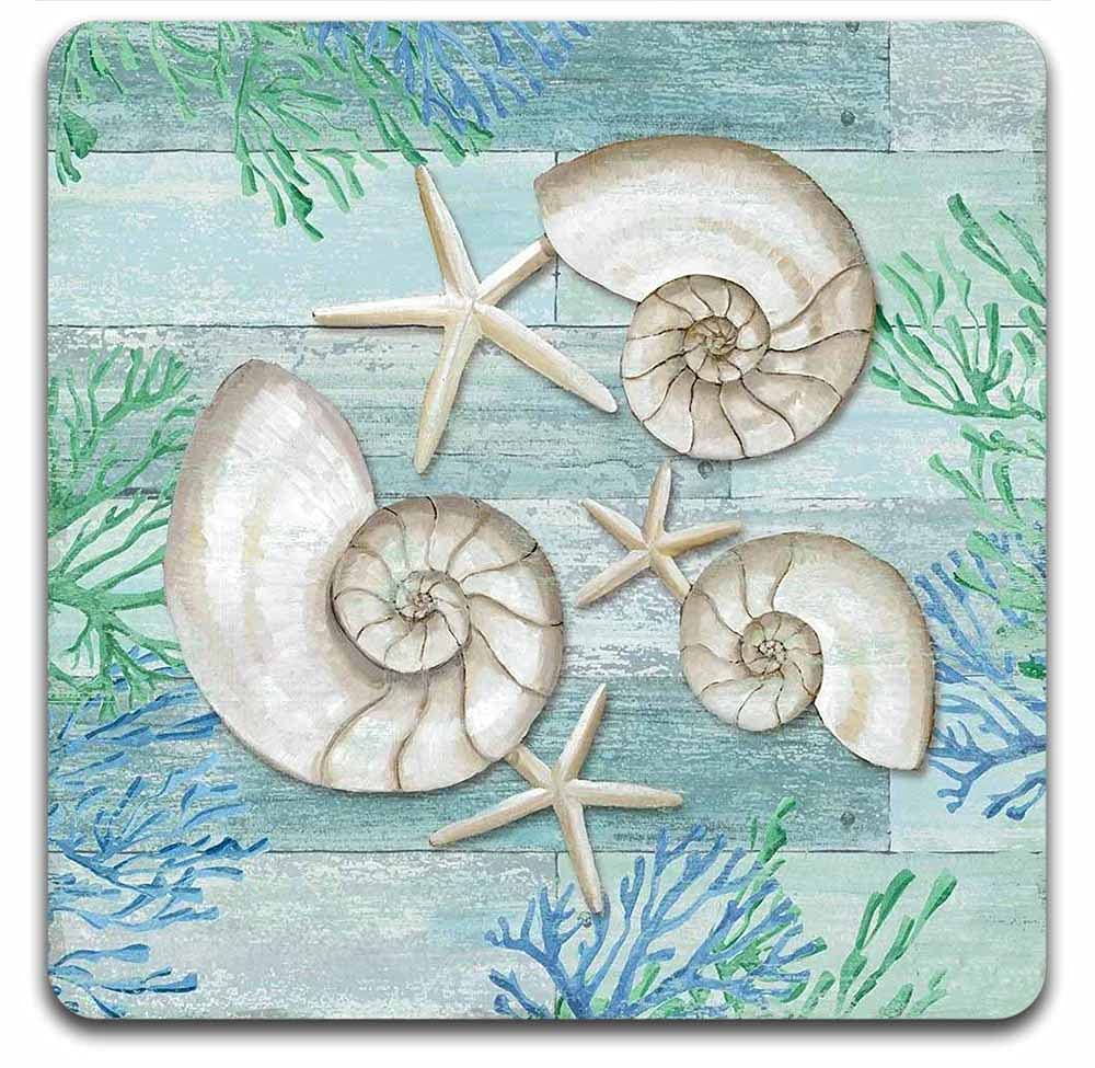 Eco-Friendly Conch Shell Square Coaster Set - 4-Piece Polyester Fabric & Recycled Rubber Drink Coasters for Home, Bar, and Office Use
