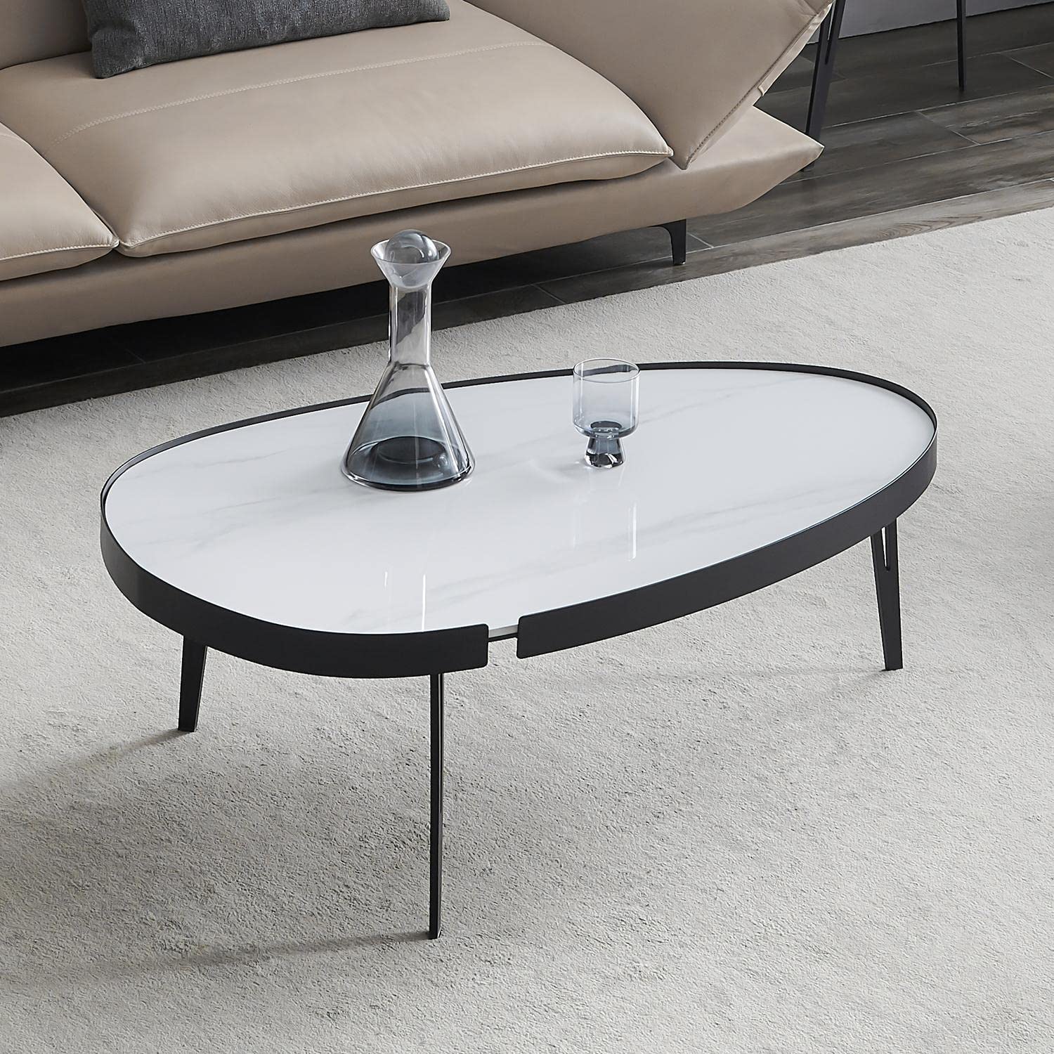 Minimalist Faux Slate Stone Coffee Table - White Marble Texture Top with Black Metal Frame - Modern Living Room Furniture for Small Spaces, Apartments & Home Decor