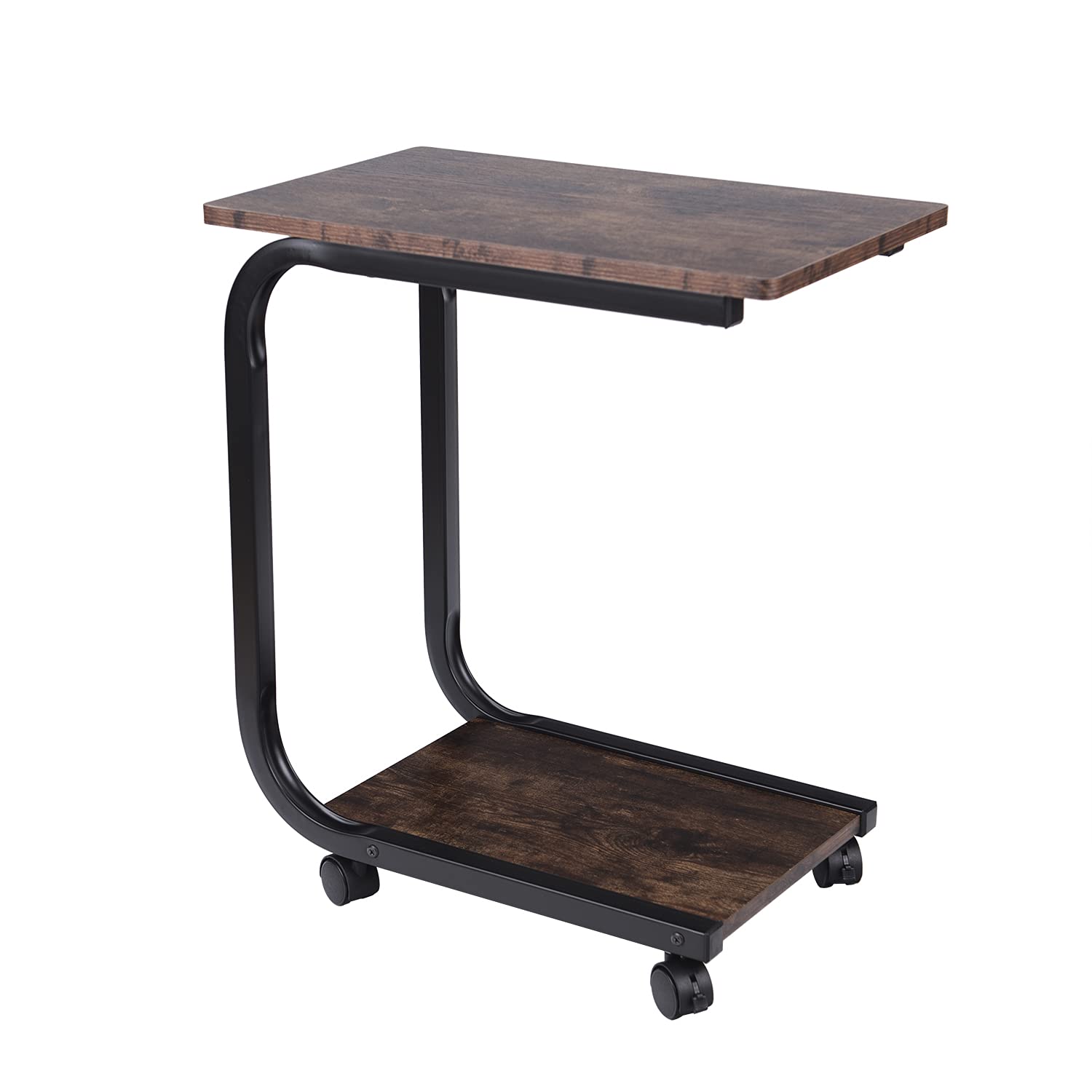 **Rolling C-Shaped End Table with Wheels - Sturdy Wood & Large Steel Tube Frame - Sofa Snack Table, Coffee Tray Stand - Perfect for Living Room, Bedroom & Office (Brown)**