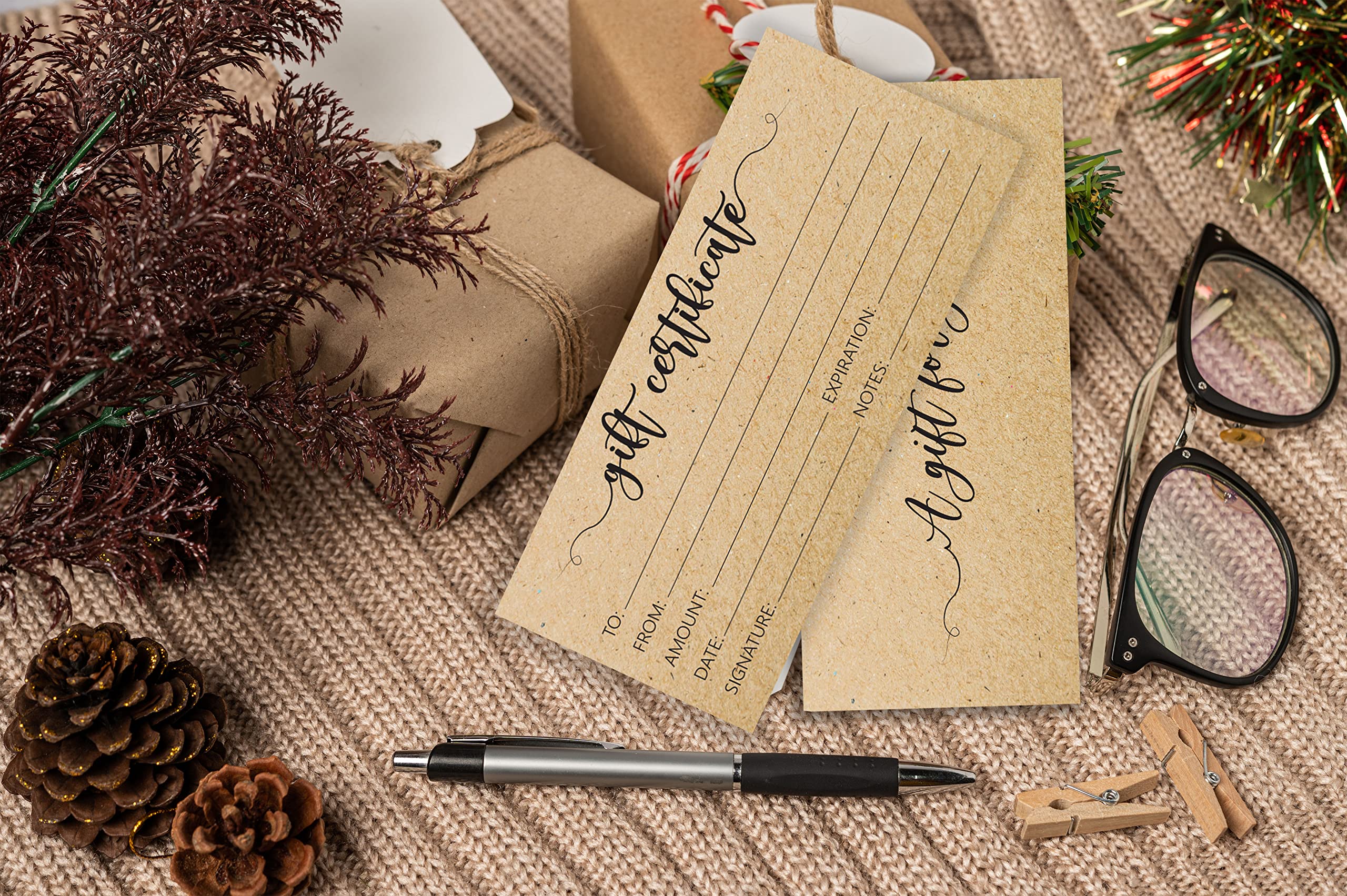 25 Rustic Blank Gift Certificate Cards for Business - Customizable Vouchers for Spa, Salon, Restaurants, Birthday Gifts (4x9 Inches, Kraft Design) - Perfect for Client Appreciation, Employee Rewards & Special Occasions