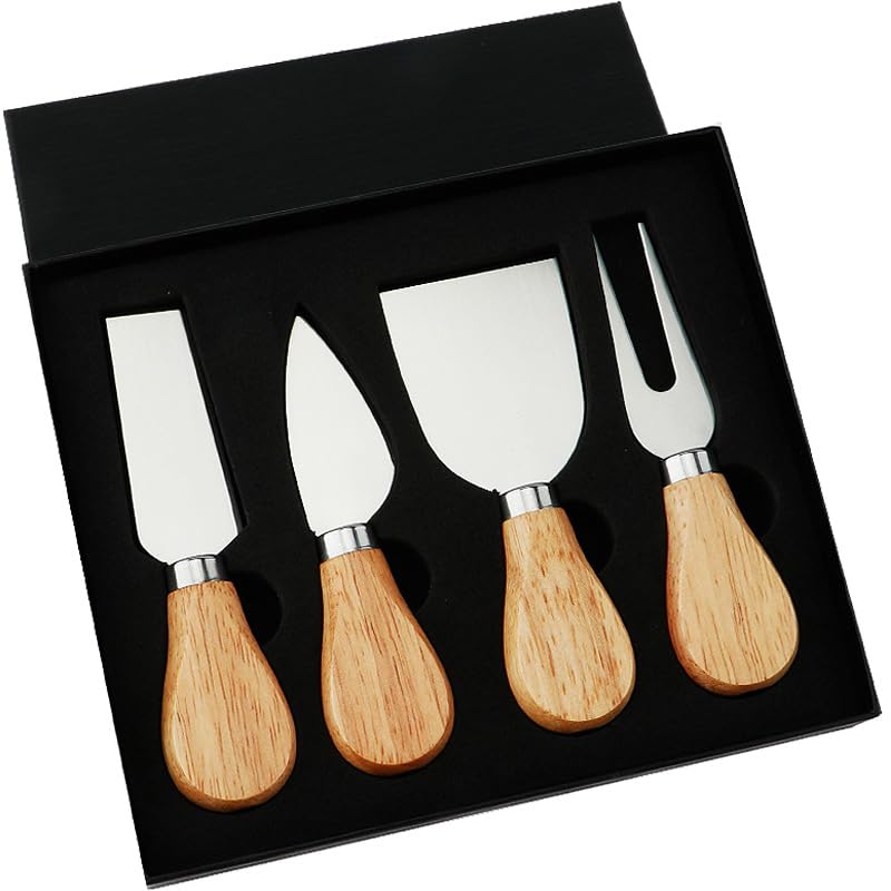 4-Piece Cheese Knife Set with Wooden Handle - Stainless Steel Cheese Slicer, Fork & Spreader - Perfect for Cheese, Butter, Pizza & Cake Cutting - Ideal Gift for Cheese Lovers & Kitchen Use