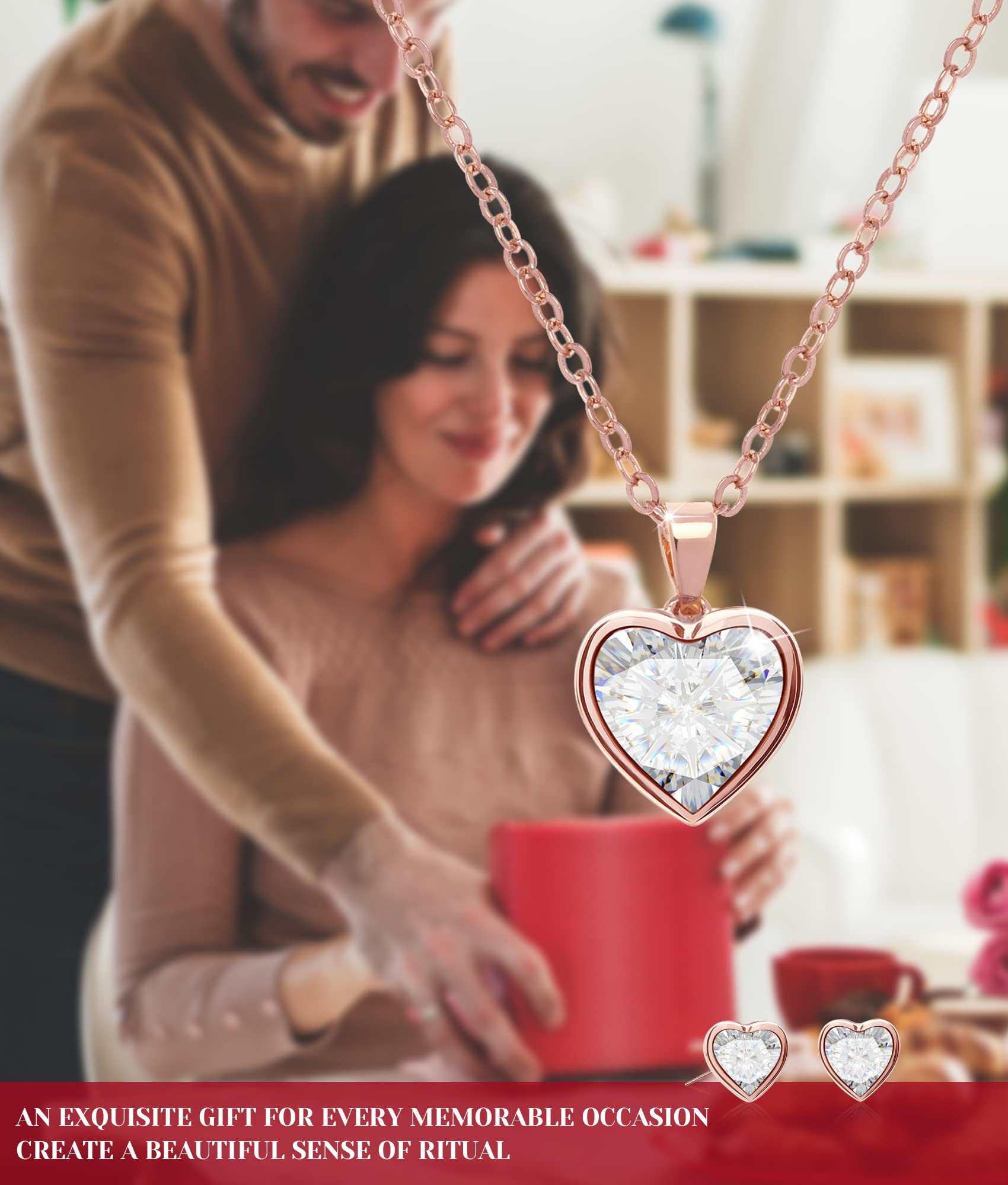 Rose Gold Plated Crystal Heart Necklace & Stud Earrings Set for Women - Elegant Jewelry Gift for Mother's Day, Birthday, Valentine's Day - Perfect for Date Night, Wedding, Anniversary & Special Occasions