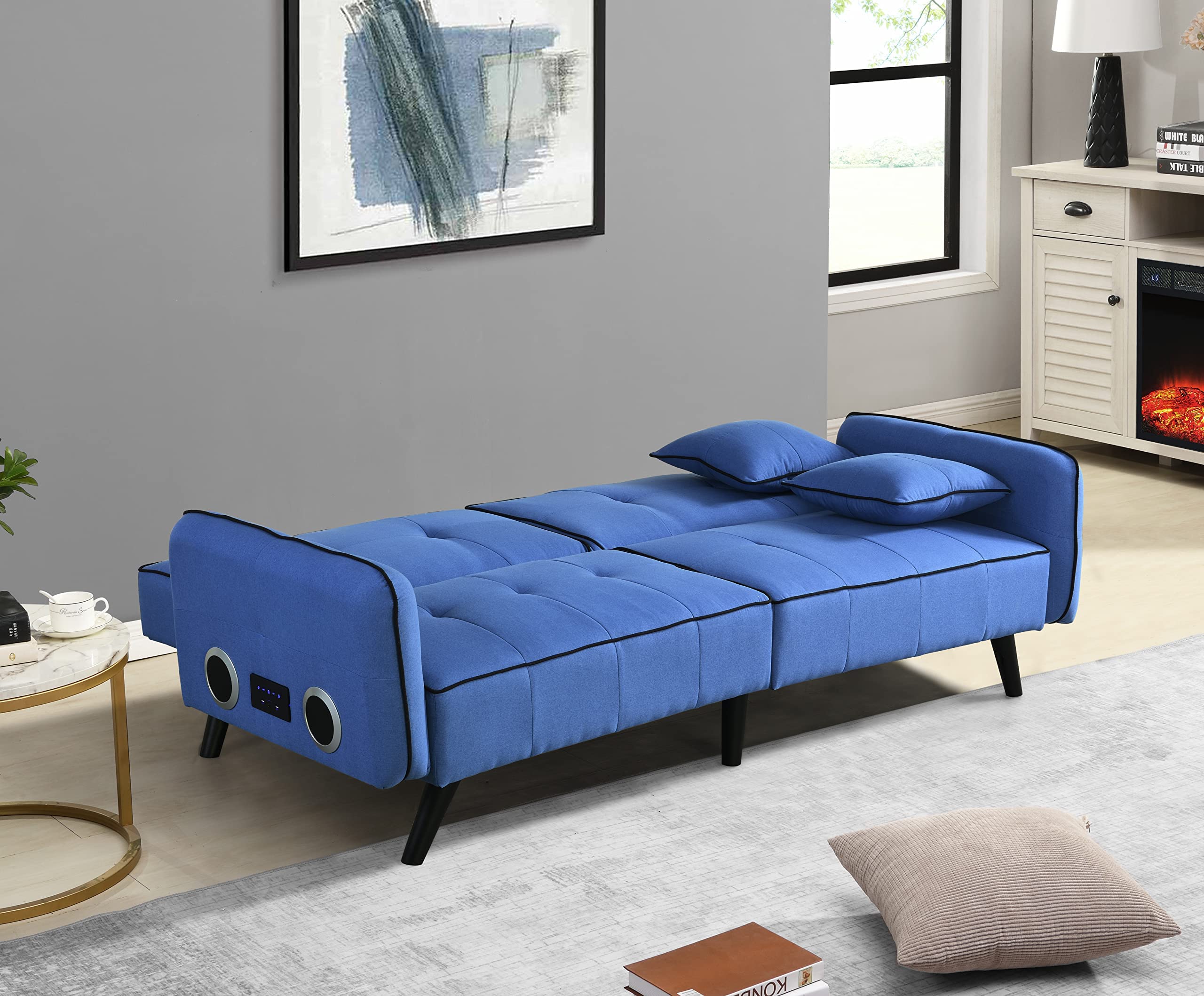 Convertible Futon Sofa Bed with Bluetooth Speaker - Modern Linen Upholstered Sleeper Loveseat Couch with Adjustable Backrest & 2 Pillows - Multi-Functional Furniture for Living Room, Bedroom, Office & Small Spaces (Blue) - Perfect for Guest Sleeping, Movie Nights & Studio Apartments