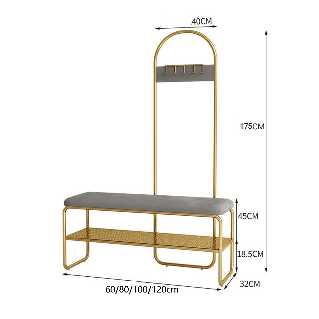 3-in-1 Entryway Coat Rack with Storage Bench & Shelf - Upholstered Seat Hall Tree for Living Room, Hallway - Gold & Grey Metal Frame (120x32x175cm) - Easy Assembly for Home Organization & Small Space Solution