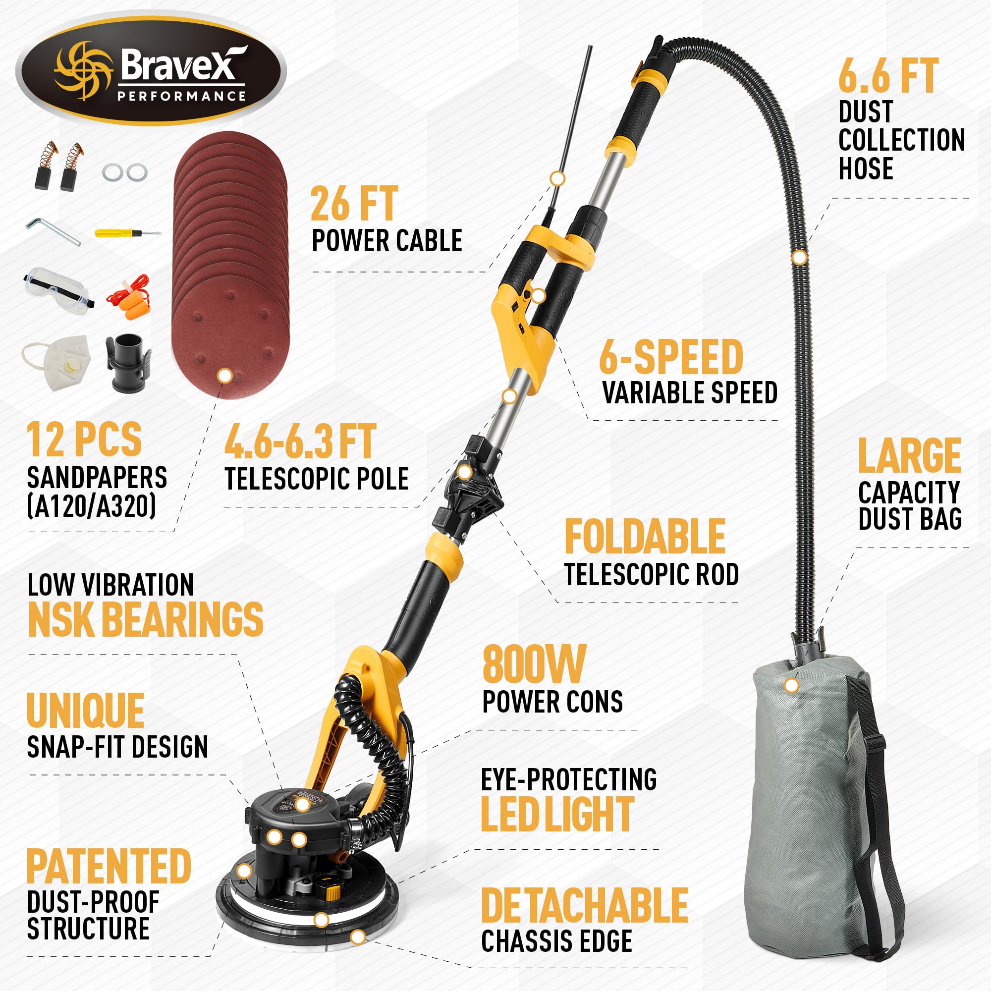 6.5-Amp Electric Drywall Sander with Vacuum - 99.5% Dust Removal, 7-Speed Adjustable (900-1800 RPM), 26-Foot Power Cord - Ideal for Popcorn Ceiling Removal & Dustless Floor Sanding - Perfect for Home Renovation & Professional Drywall Repair
