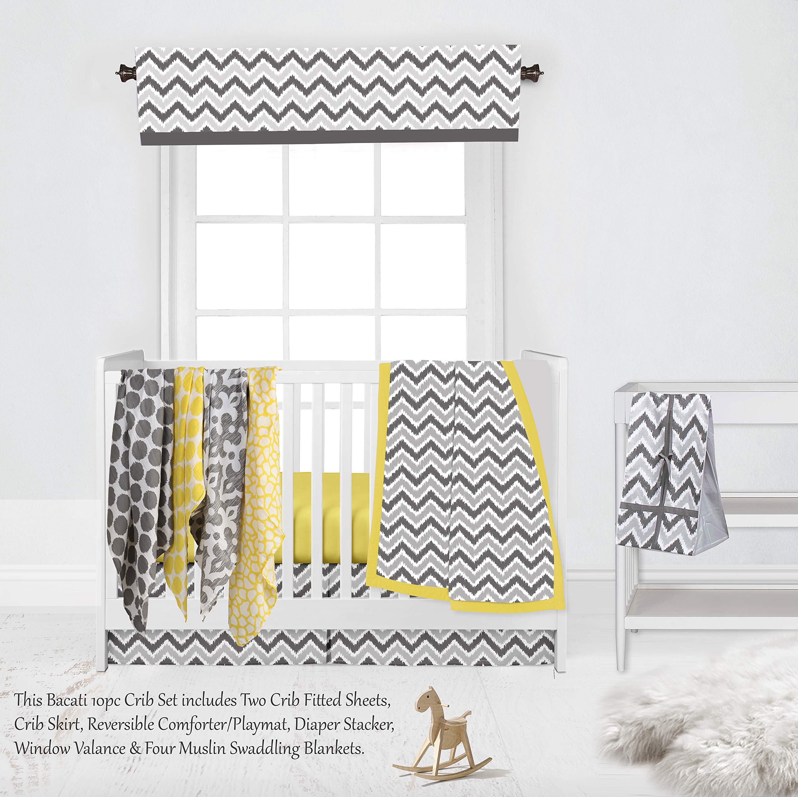 Bacati Yellow Grey Ikat Chevron Muslin 10-Piece Neutral Crib Set with 4 Swaddle Blankets for Standard US Crib | Soft Baby Bedding for Nursery, Newborn Essentials & Shower Gifts