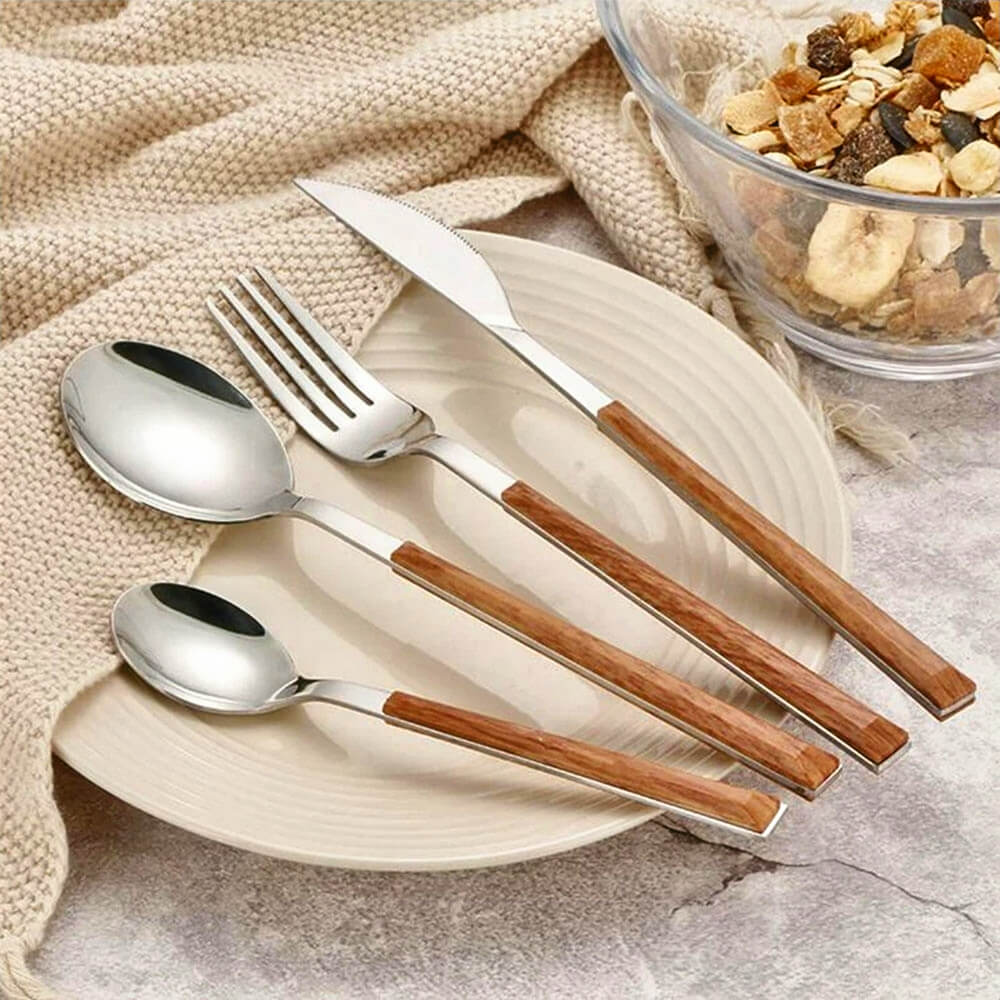 Claridge 24-Piece Stainless Steel Flatware Set with Wooden Handles - Elegant Cutlery for Dining, Parties, and Everyday Use