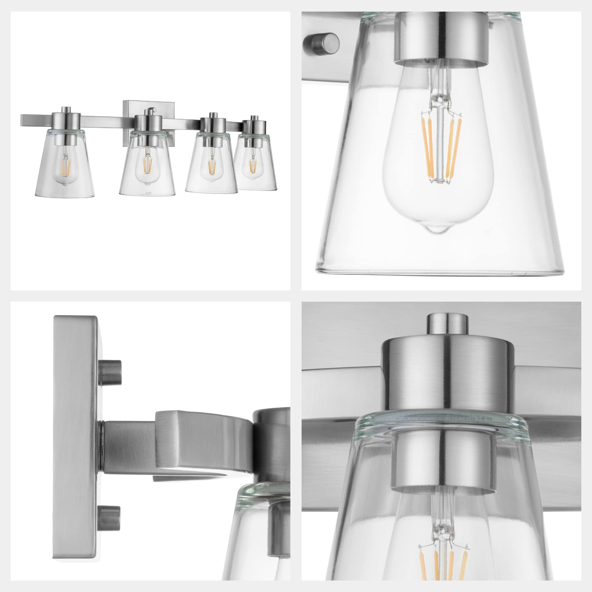 Prominence Home Fairendale 4-Light Brushed Nickel Bathroom Vanity Light with Clear Glass Shades - 51528-01 | Modern Bathroom Lighting for Vanity Mirror, Powder Room & Makeup Area