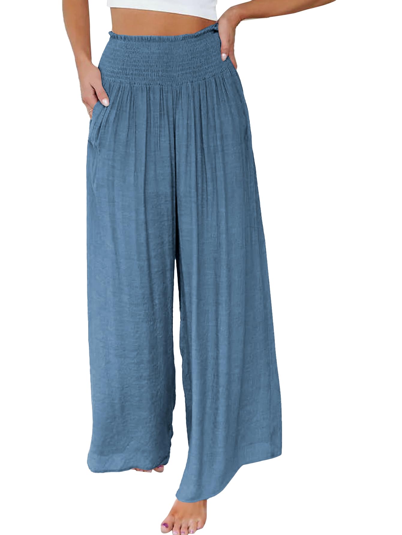 OPOIPIN Women's Smocked High Waisted Lounge Pants - Wide Leg Comfortable Long Trousers with Pockets for Casual Wear, Yoga & Home Relaxation