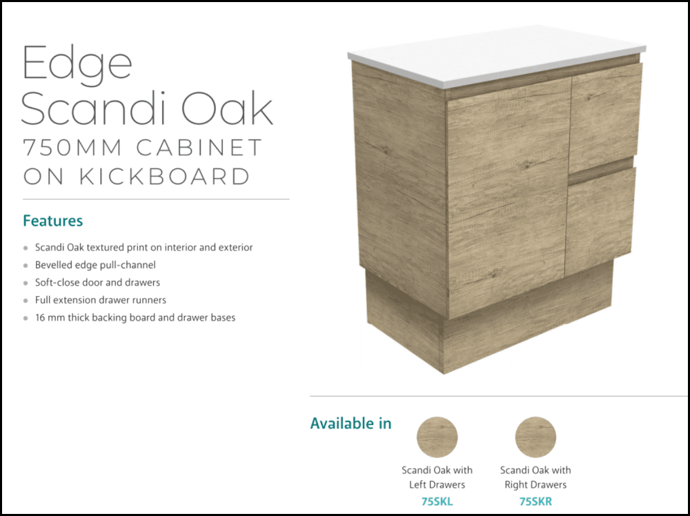 Fienza Dolce Edge TCL75SKR Scandi Oak 750mm Bathroom Vanity with Kickboard & Right Drawers - Modern Storage Solution for Small Bathrooms & Powder Rooms