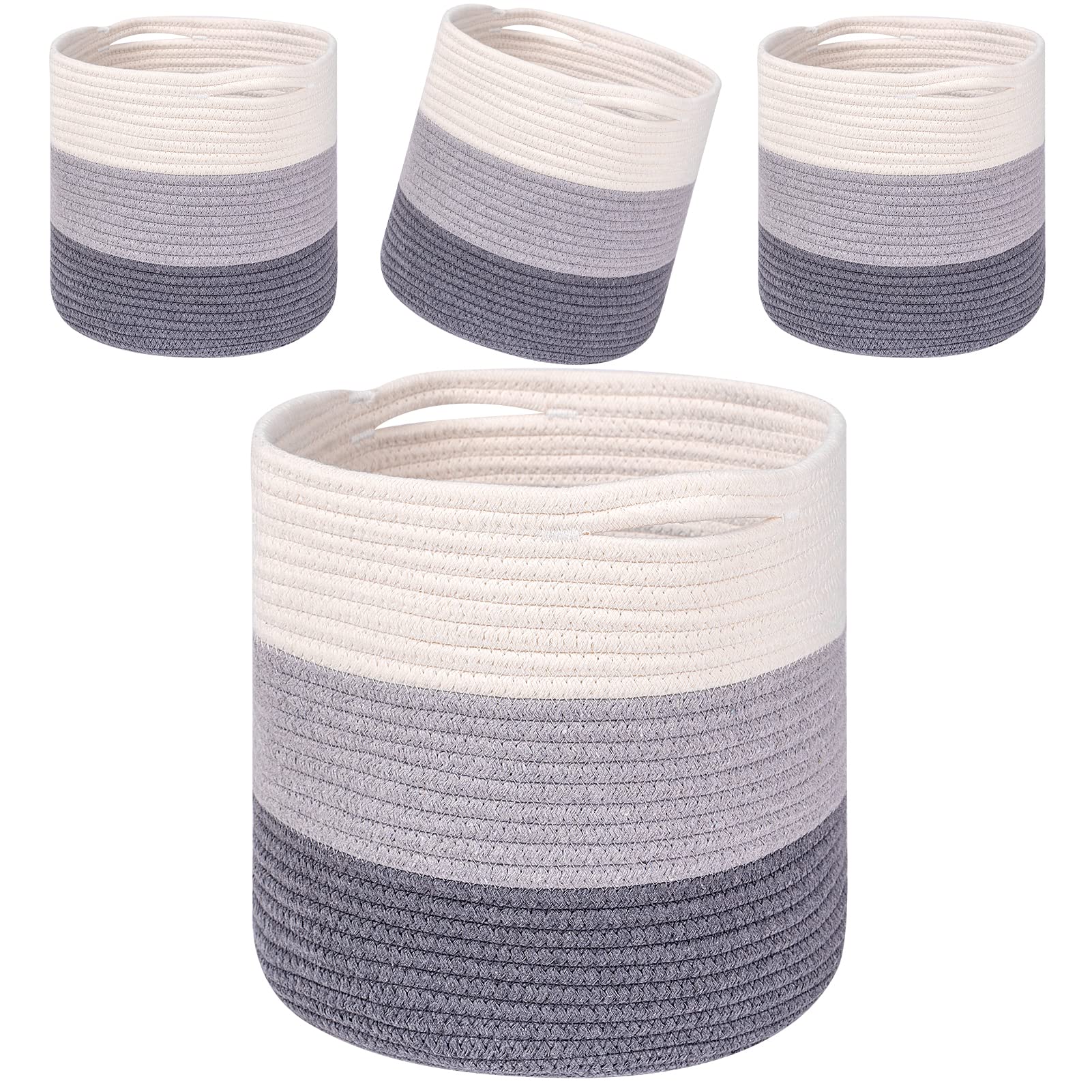 Voten 11x11 Inch Round Cube Storage Baskets - 4 Pack Woven Organizer Bins for Shelves, Closet & Toy Storage - 3-Tone Grey Rope Baskets - Perfect for Home Organization & Kids Room Decor
