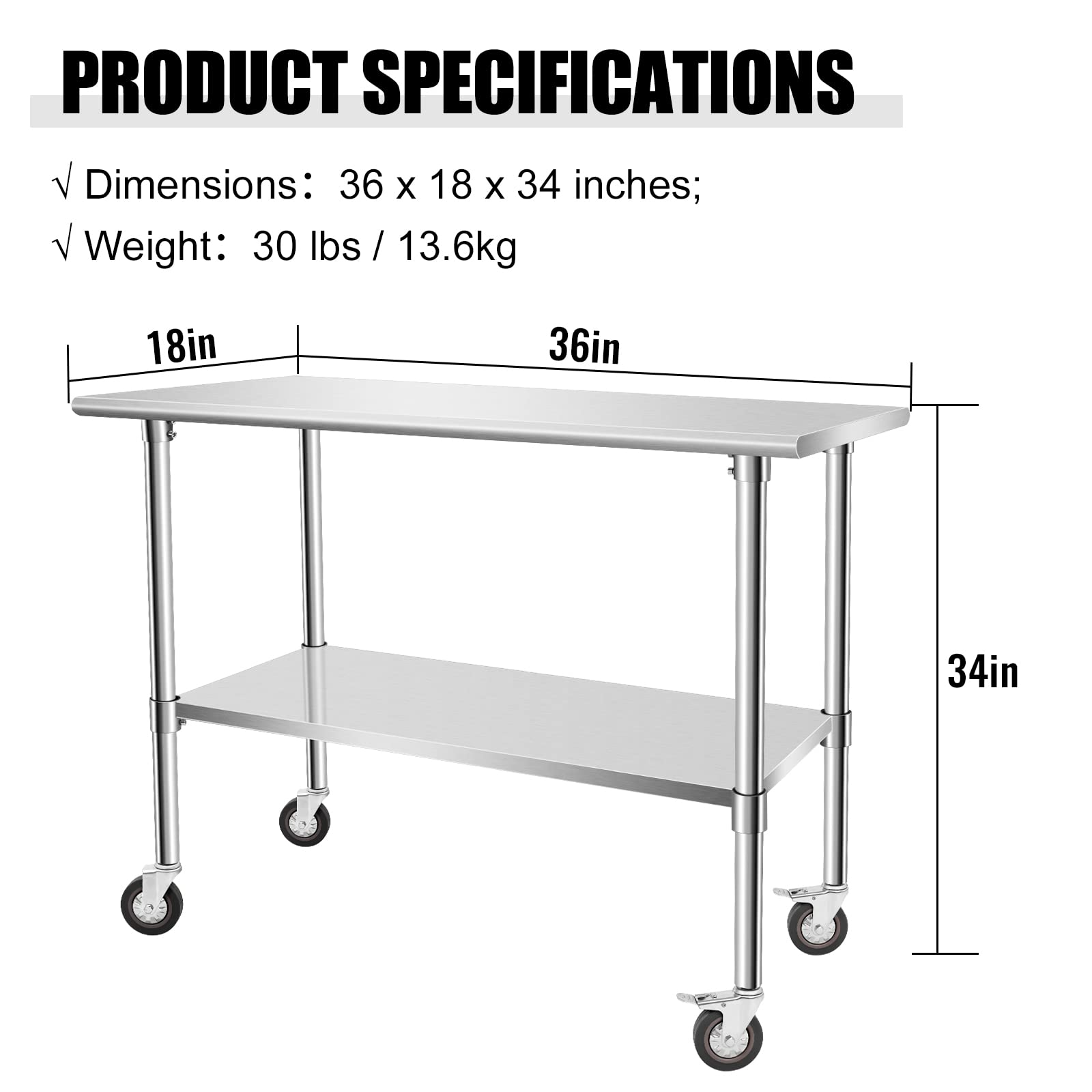 Stainless Steel Work Table with Casters - Heavy Duty Kitchen Prep Table for Restaurant, Home, and Hotel Use - Small Kitchen Table with Stainless Steel Shelves for Food Prep, Baking, and Catering