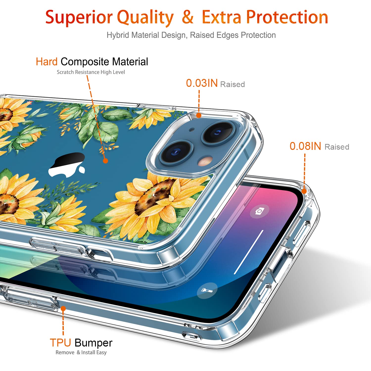 GiiKa iPhone 13 Mini Case with Screen Protector - 5.4 Inch Clear Shockproof Full Body Protective Case with TPU Bumper | Floral Design for Women & Girls | Yellow Sunflower Pattern | Perfect for Everyday Use, Travel & Outdoor Activities