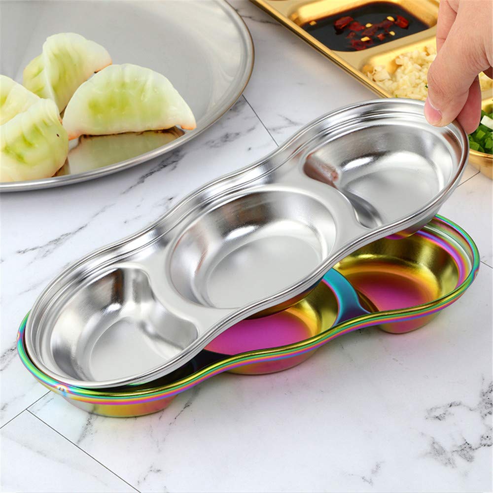 4-Piece Stainless Steel Dipping Sauce Bowls Set - 3-Compartment Appetizer Serving Trays for BBQ, Hot Pot, Sushi, Snacks & Party Plating (Dishwasher Safe, Rainbow Color) - Perfect for Entertaining, Restaurants & Family Gatherings