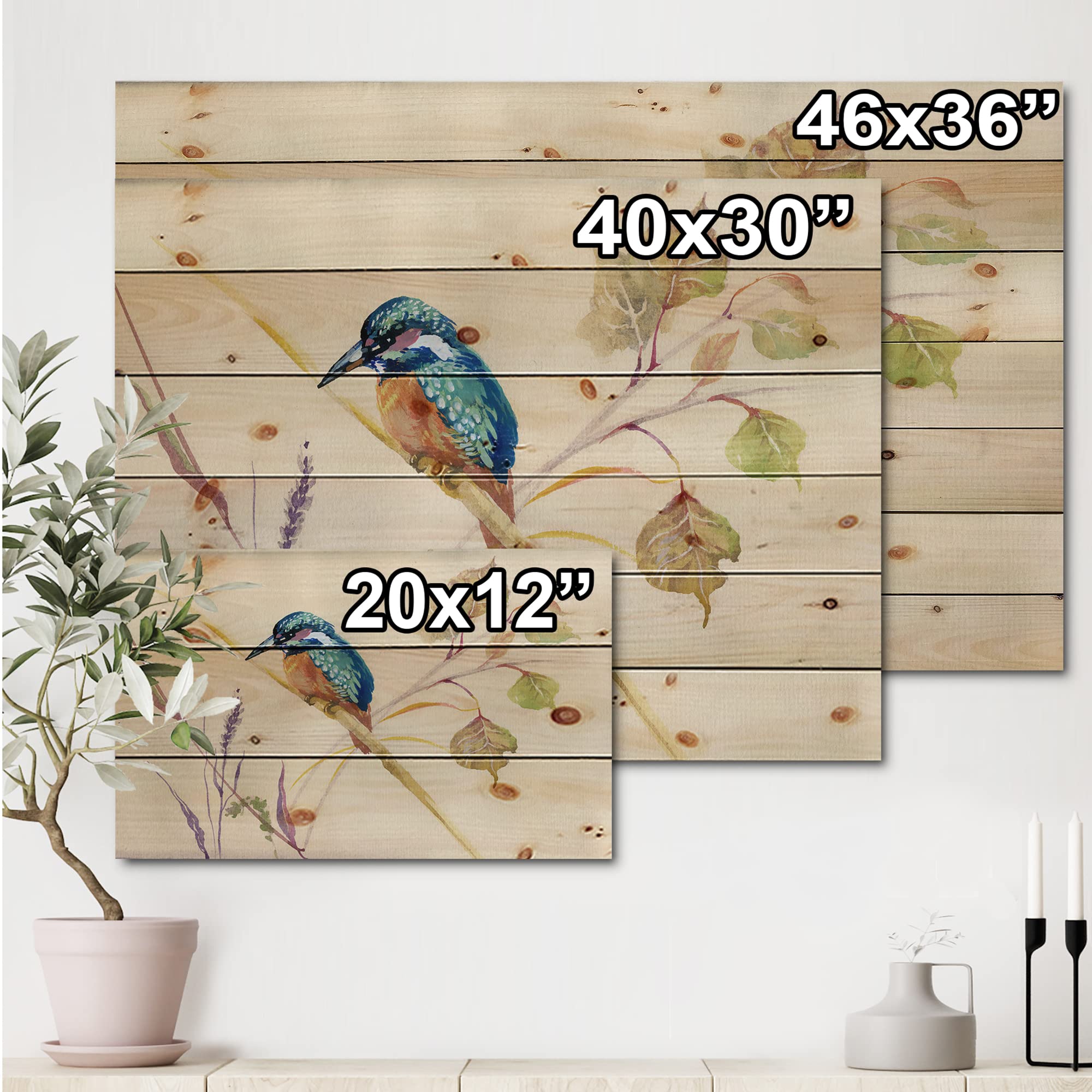 DesignQ Traditional Wood Wall Art - Common Kingfisher Bird & Nature Decor, Beige Wood Wall Panel, Large Animal Print on Natural Pine Wood | Perfect for Living Room, Bedroom & Office Decor