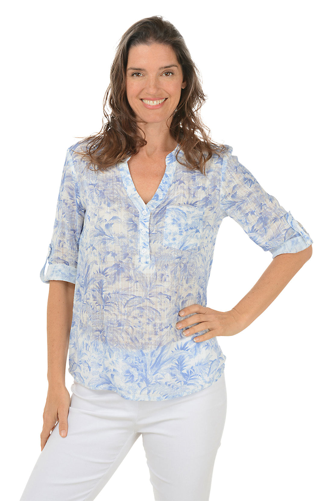 Tropical Jungle Print Gauze Henley Blouse - Women's Boho Loose Fit Casual Top for Summer Beach, Vacation & Outdoor Adventures