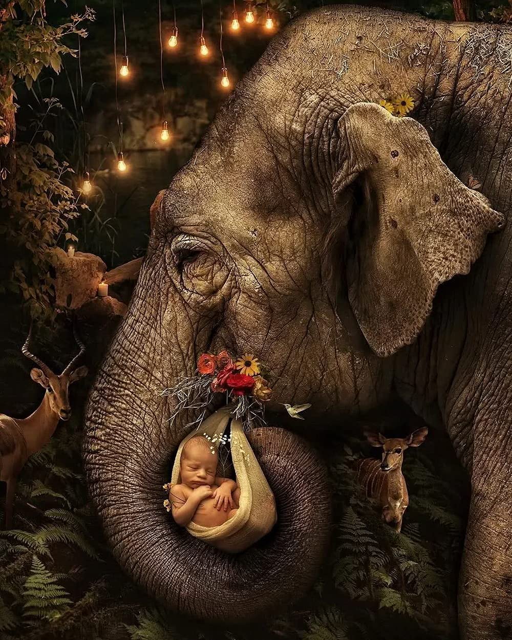 Anwei 1000 Piece Wooden Jigsaw Puzzle - Elephant & Baby Night Forest Scene - Challenging Adult Puzzle, Family Game & Unique Home Decor Art - Perfect for Birthday Gifts, Relaxation & Living Room Wall Display
