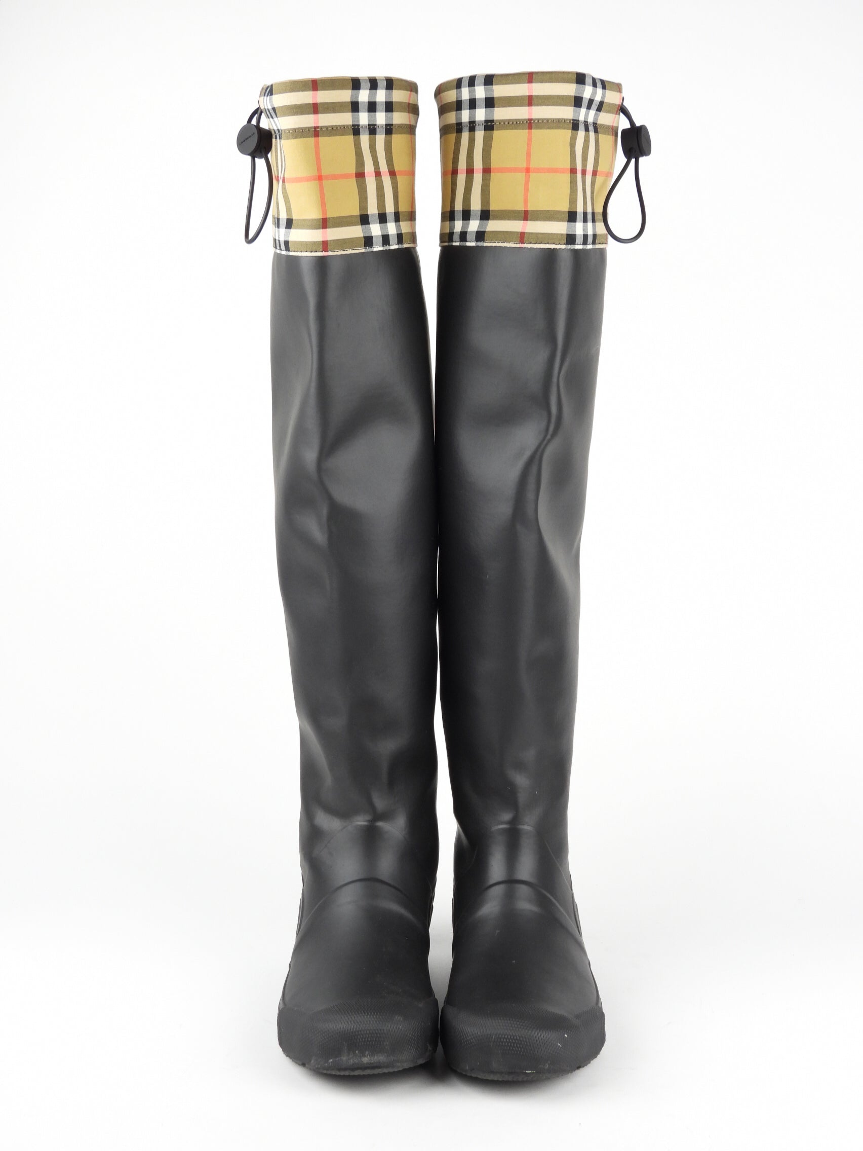 Burberry Black Rubber and Check Canvas Knee-High Rain Boots - Waterproof Chelsea Boots for Women, Fashionable Rainwear for Outdoor, Walking, and Wet Weather