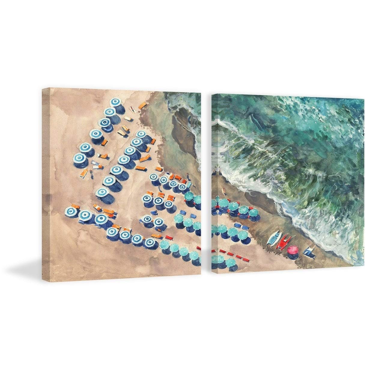 Handmade Blue Beach Umbrella Diptych Wall Art - 36x18 Inch Coastal Decor for Living Room, Bedroom & Office | MARMONT HILL