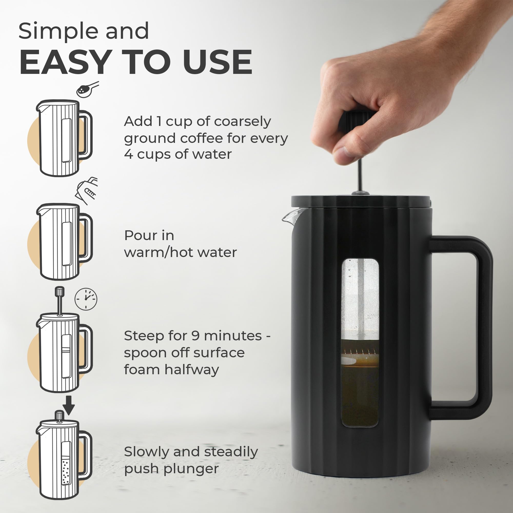 Kaffè French Press Coffee Maker (34oz / 1L) - Borosilicate Glass & BPA-Free Plastic - Matte Black - Lightweight Portable for Travel, Camping, Office & Home Brewing - Perfect for Coffee Lovers & Outdoor Enthusiasts
