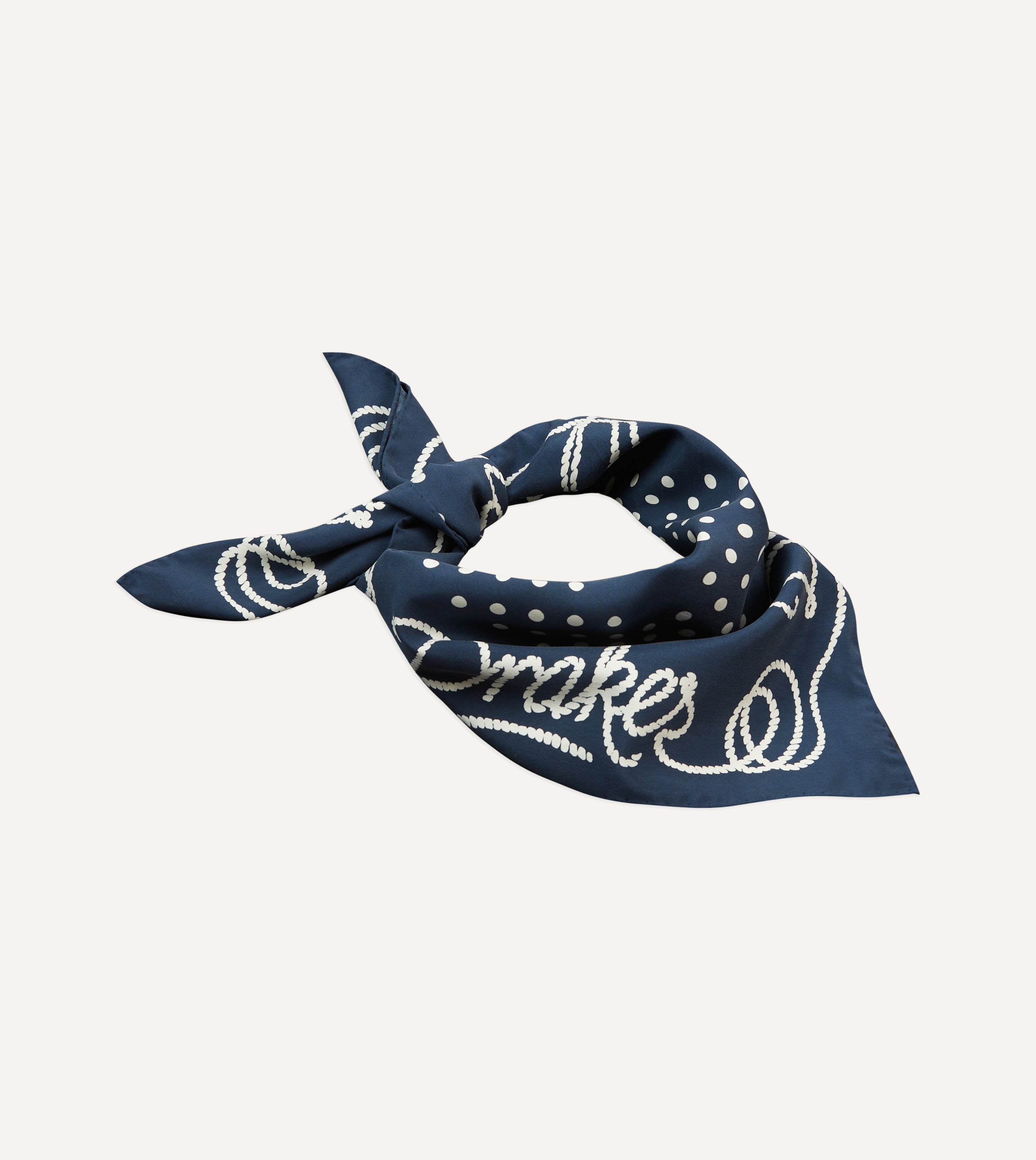 Navy Blue Rope Border Print Silk Bandana Scarf - Stylish Fashion Accessory for Women, Men, Outfits, and Outdoor Activities
