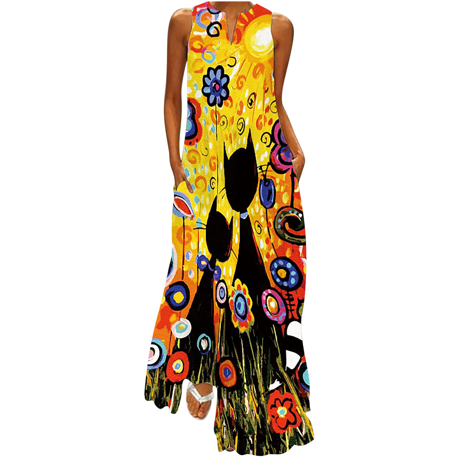 Women's Maxi Dress - Casual Pullover Tank Boho Floral Long Dress for Summer | Beach, Vacation & Everyday Wear