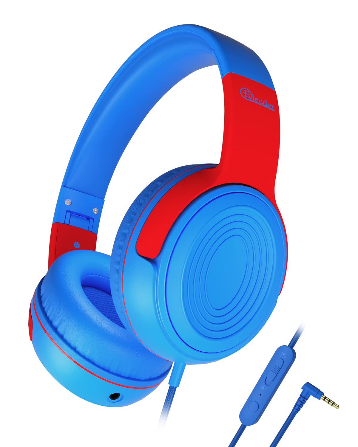 Elecder S8 Kids Headphones with Microphone - Adjustable 85dB/94dB Volume Limited, 3.5mm Jack Wired Headphones for Boys & Girls (Blue/Red) - Perfect for School, Kindle, Smartphones, Tablets & Airplane Travel