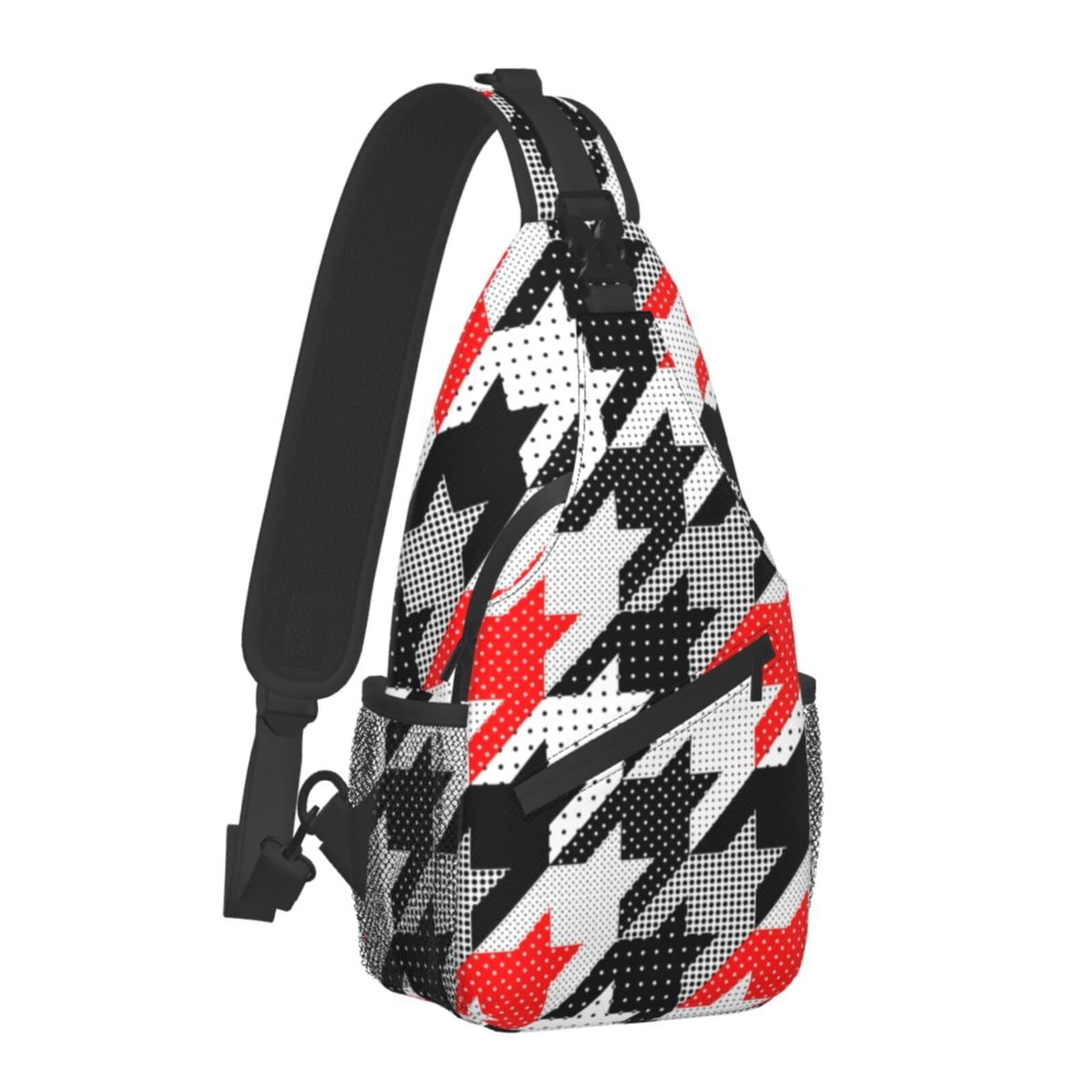 Men's & Women's Shoulder Chest Sling Bag - Lightweight Crossbody Backpack for Travel, Running, Hiking & Daily Use - Water-Resistant Patchwork Design in Black, Red, White & Houndstooth Patterns - Perfect for Outdoor Adventures, Gym, Commuting & Casual Fashion