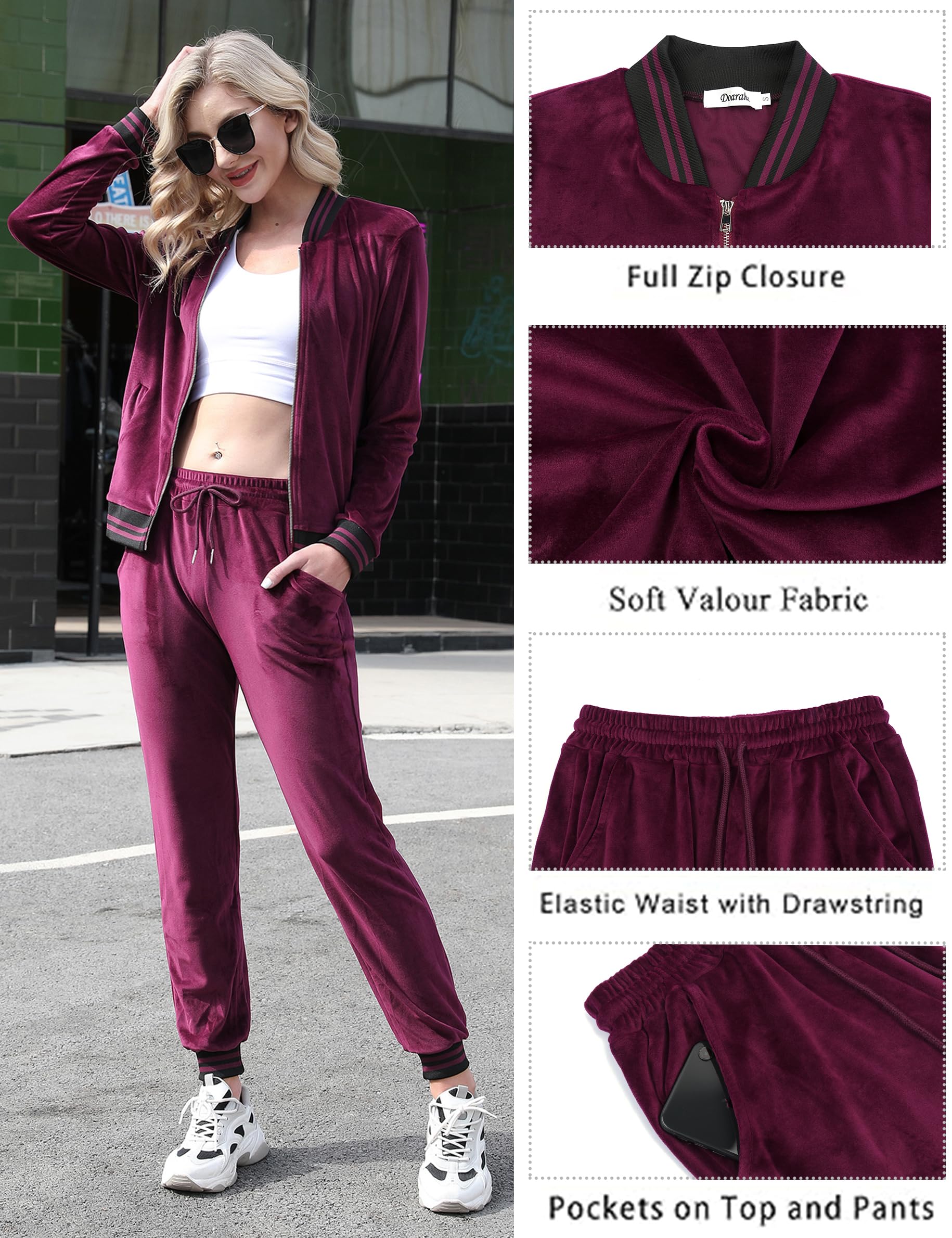 Totatuit Women's 2-Piece Velour Sweatsuit Set - Long Sleeve Zip Up Hoodie & Joggers with Pockets | Lounge Wear, Casual Outfit, Gym Tracksuit for Women
