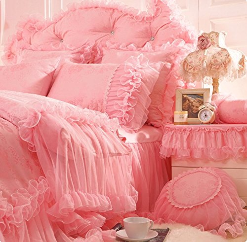LELVA Korean Style Lace Ruffle Bedding Set - Queen Size Pink Floral Twin Bed Sheets for Girls Room, Romantic Bedroom Decor, Wedding Gift Idea