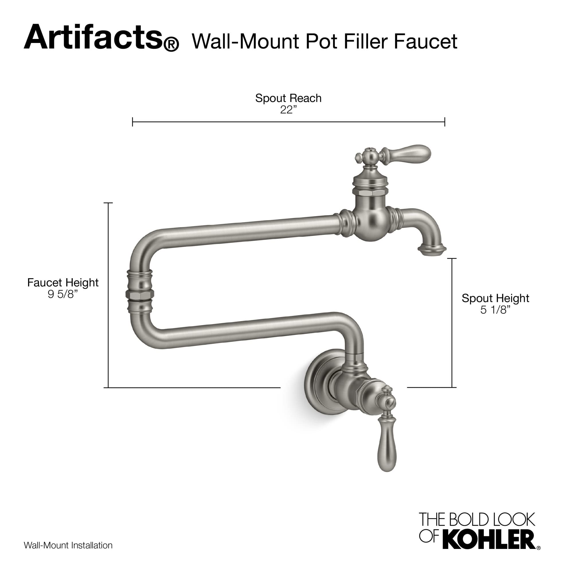 KOHLER 99270-CP Artifacts Wall-Mount Pot Filler Faucet in Polished Chrome - Kitchen Sink Pot Filler for Easy Cooking & Filling Pots - Perfect for Home Chefs & Busy Kitchens