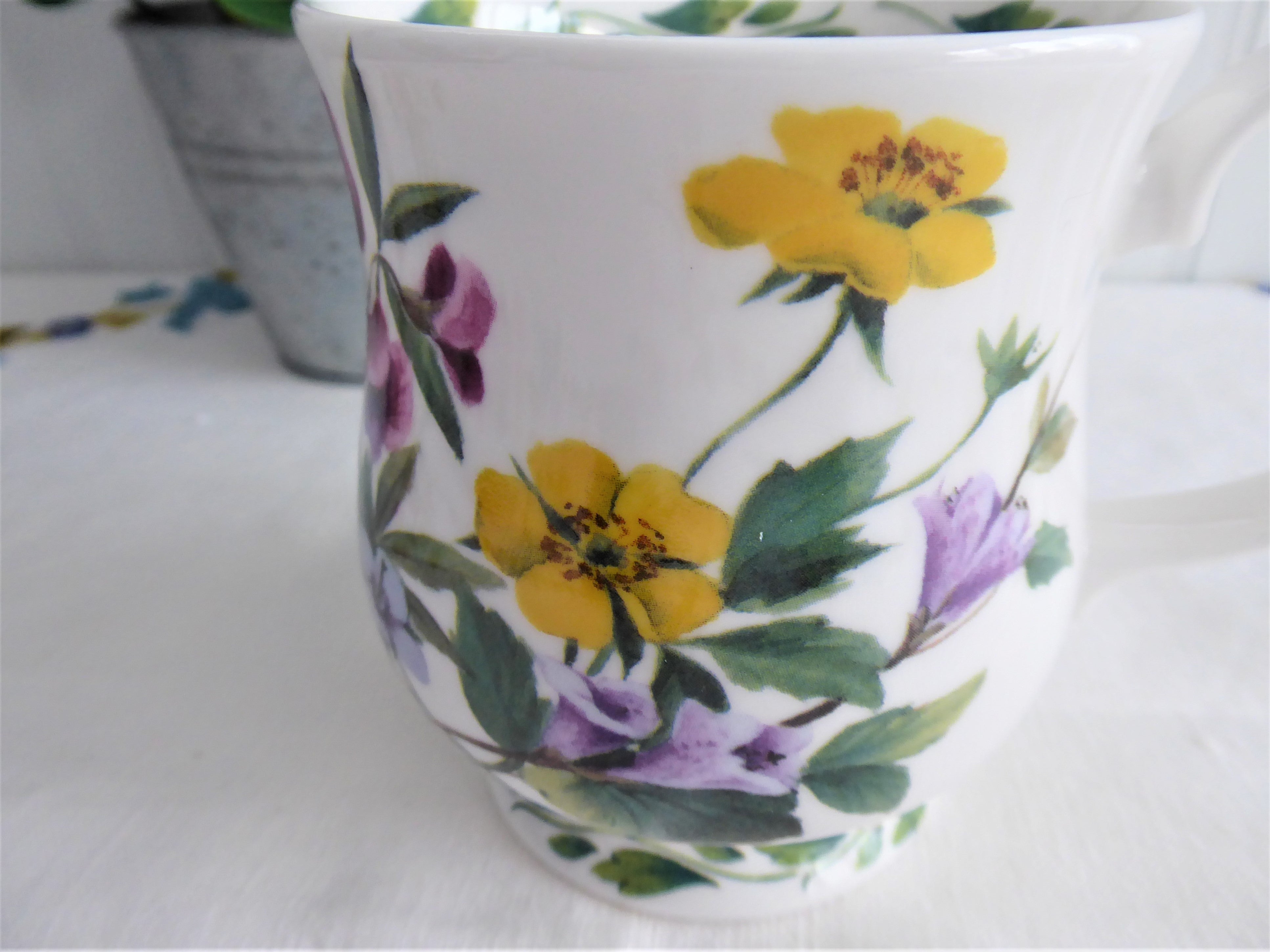 Vintage RHS Queens Mug with Buttercups, Pink Lavender Flowers - English Bone China Tea Cup (1990s Lilian Snelling Collection) - Perfect for Afternoon Tea, Collectors & Gift Giving