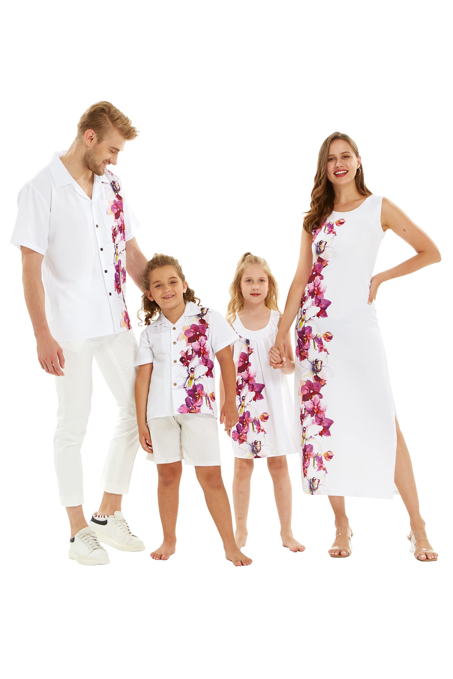 Hawaiian Luau Outfits for Family - Matching Tropical Shirts for Men, Women, Boys & Girls | Watercolor Orchid Print | Beach Party, Summer Vacation & Theme Party Wear