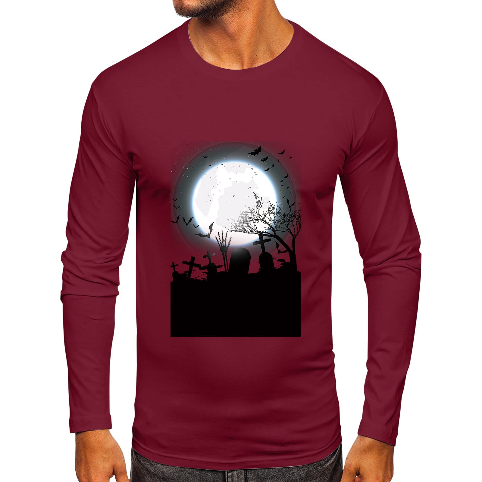 Uoki Men's White Casual Long Sleeve T-Shirt - Soft Cotton Crew Neck Printed Tee with Small Pocket | Perfect for Autumn Winter Wear, Daily Outfits & Street Fashion
