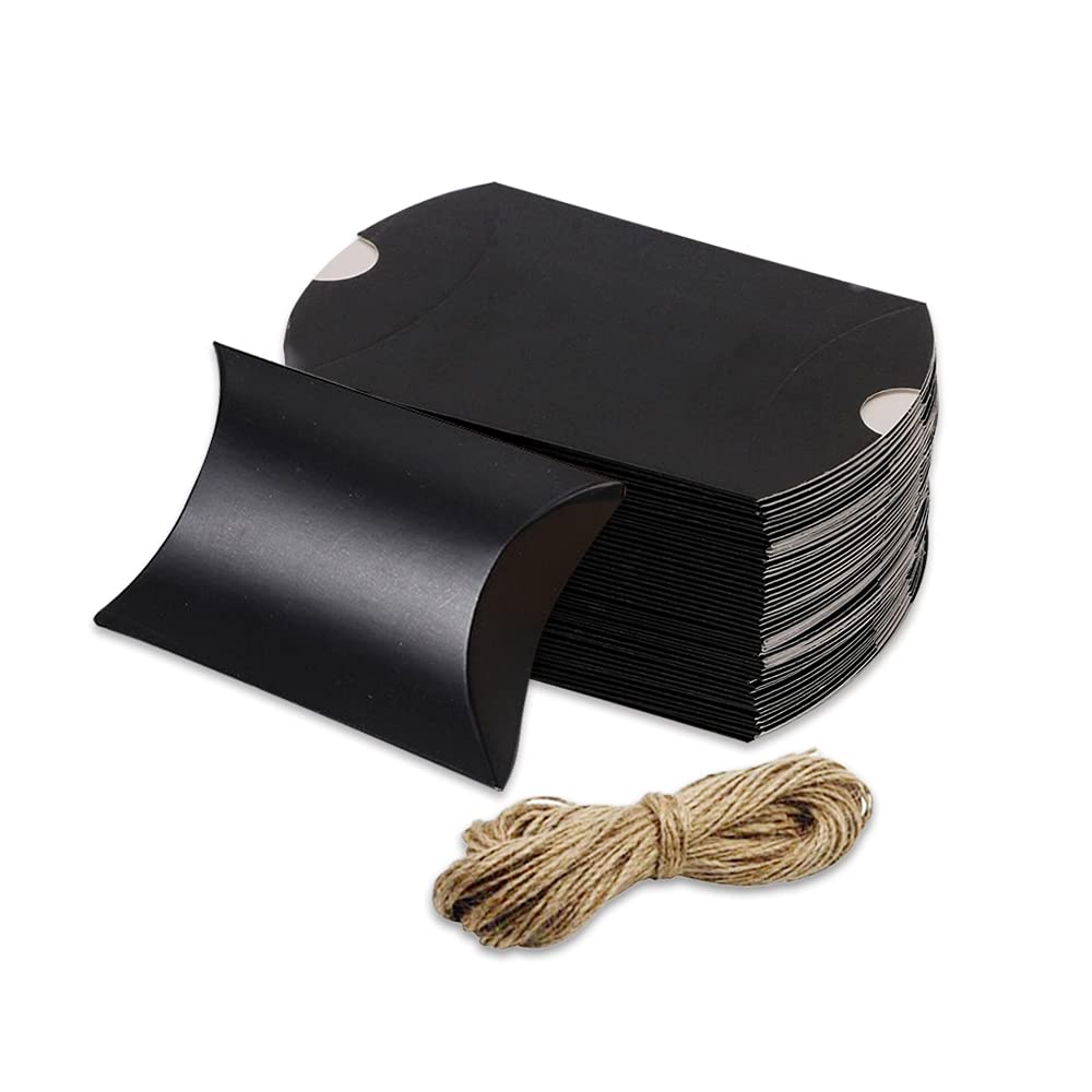 150 Pack Black Kraft Paper Pillow Gift Boxes with Twines - Wedding Favors, Candy Packaging, Party Supplies - Perfect for Bridal Showers, Baby Showers & Birthday Parties