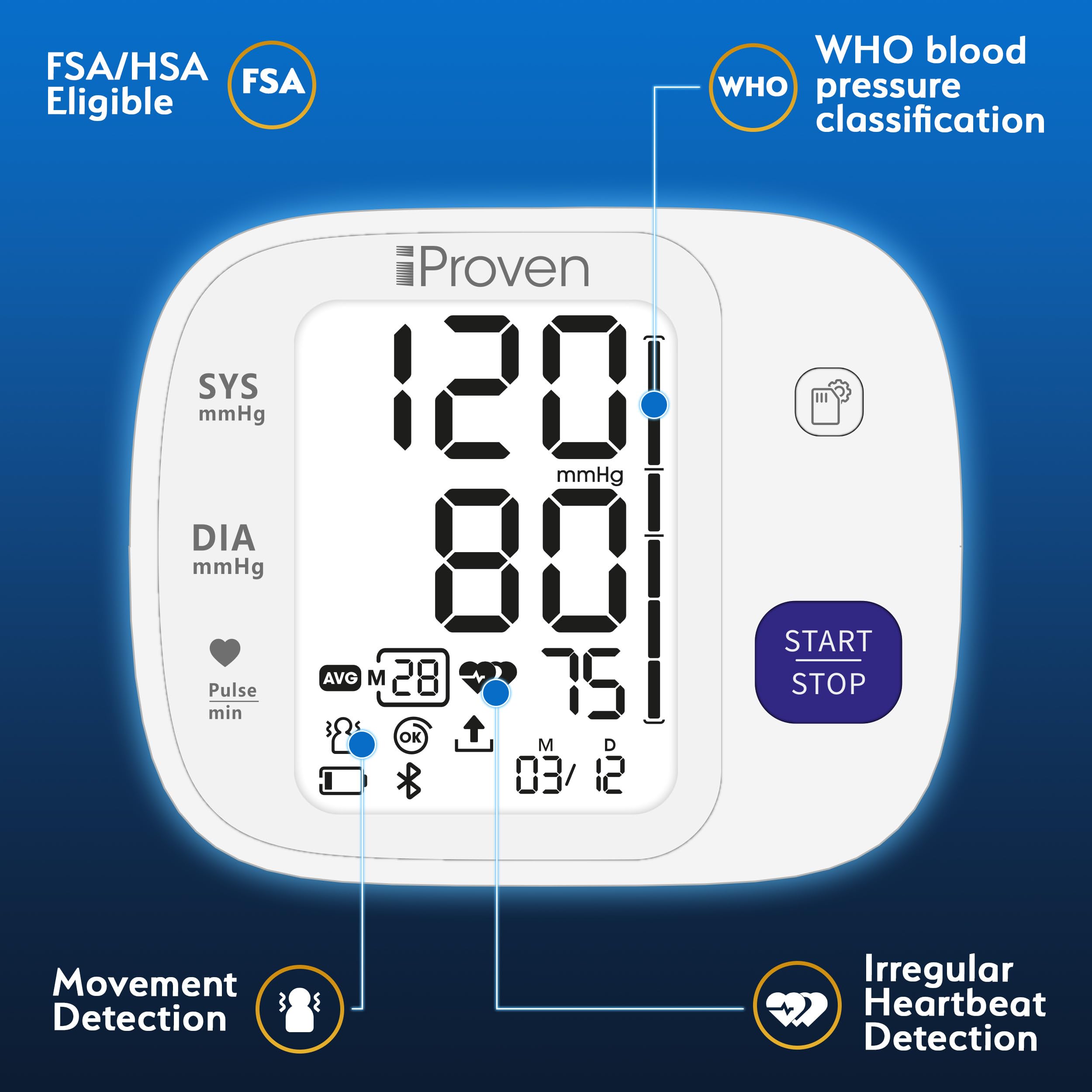 iProven Bluetooth Blood Pressure Monitor for Home Use - Upper Arm Cuff with App Sync, One-Touch Operation & Large Backlit Display | Track & Manage Heart Health for Seniors & Family Care