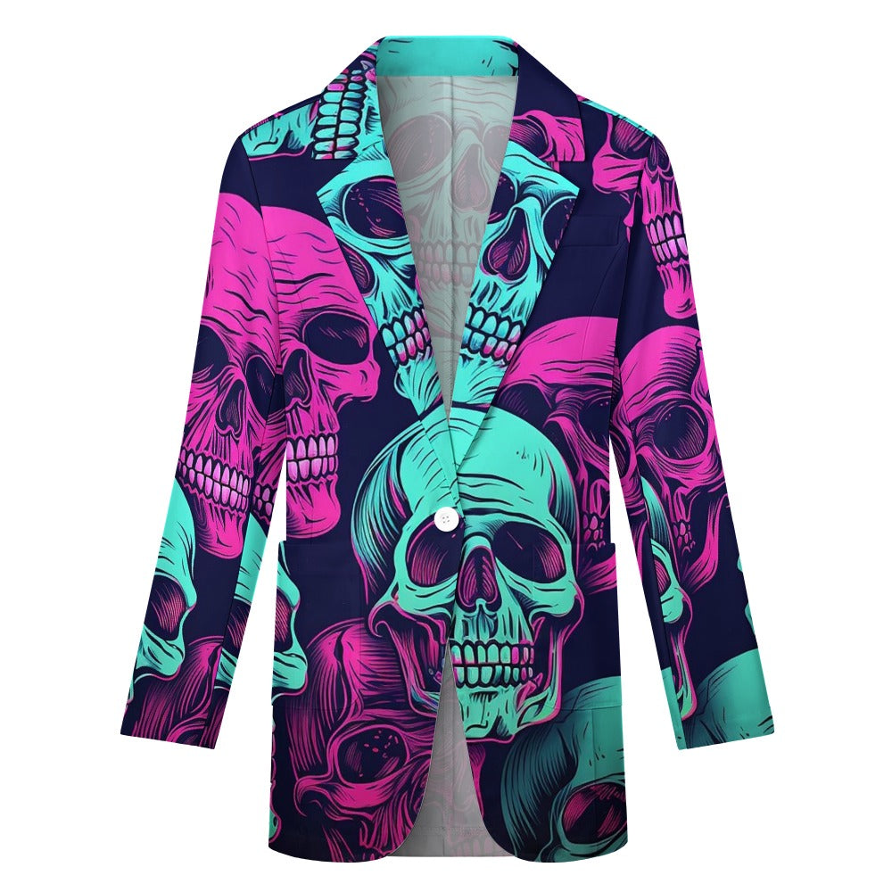 Trendy Neon Skulls Print Casual Suit Jacket for Men - Stylish Blazer for Parties, Halloween Costume & Streetwear Fashion