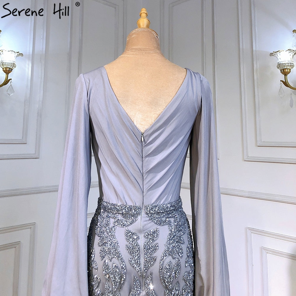 Serene Hill Grey Luxury Mermaid Evening Dresses for Women - Elegant Beaded Lantern Sleeve Gowns for Prom, Party & Formal Events | LA71484