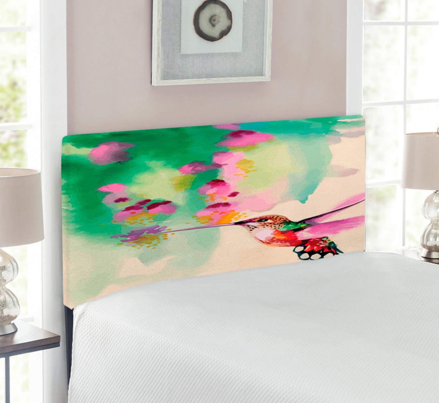 Ambesonne Hummingbird Headboard - Twin Size Upholstered Decorative Metal Bed Headboard with Memory Foam, Romantic Springtime Tropics Nature Theme Featuring Colibri Bird and Flowers in Green Fuchsia - Perfect for Bedroom Decor, Guest Room, or Bohemian Style Home