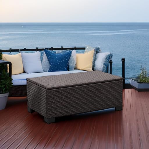 Rattan All-Weather Outdoor Coffee Table with Waterproof Cover - Weatherproof Wicker Patio Side Table for Garden, Poolside & Backyard Decor - Brown Storage End Table